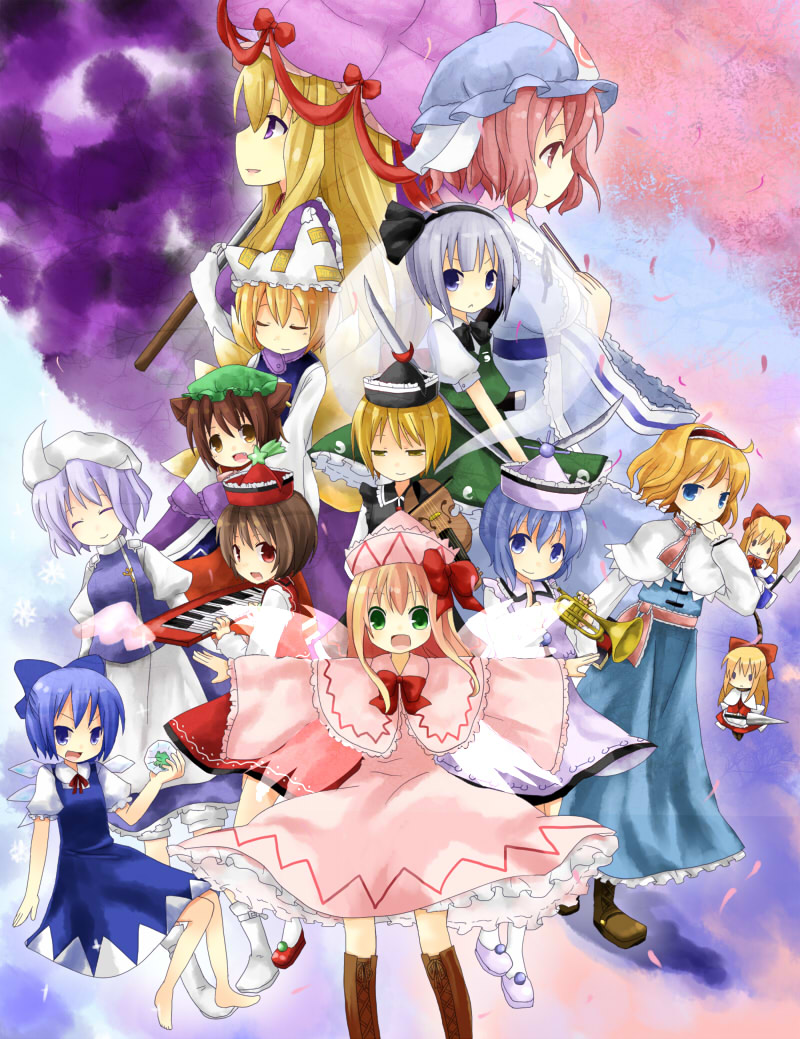 yuzuki (yuduame), alice margatroid, chen, cirno, konpaku youmu, letty whiterock, lily white, lunasa prismriver, lyrica prismriver, merlin prismriver, saigyouji yuyuko, shanghai doll, yakumo ran, yakumo yukari, perfect cherry blossom, touhou, black legwear, silver hair, 6+girls, animal hat, barefoot, blonde hair, blue dress, blue eyes, blush, boots, breasts, capelet, dress, female focus, hat, long sleeves, looking at viewer, medium breasts, mob cap, multiple girls, outstretched arms, shoes, short hair, socks, spread arms, tareme, tassel, thighhighs, triangular headpiece, wide sleeves, zettai ryouiki