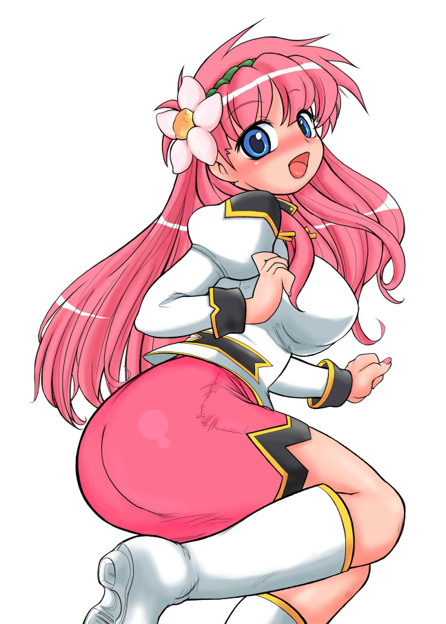 konmori (kinbou sokai), milfeulle sakuraba, galaxy angel, bad id, 00s, 1girl, ass, blue eyes, blush, boots, female focus, flower, long hair, nail polish, open mouth, pencil skirt, pink hair, pink nails, skirt, solo