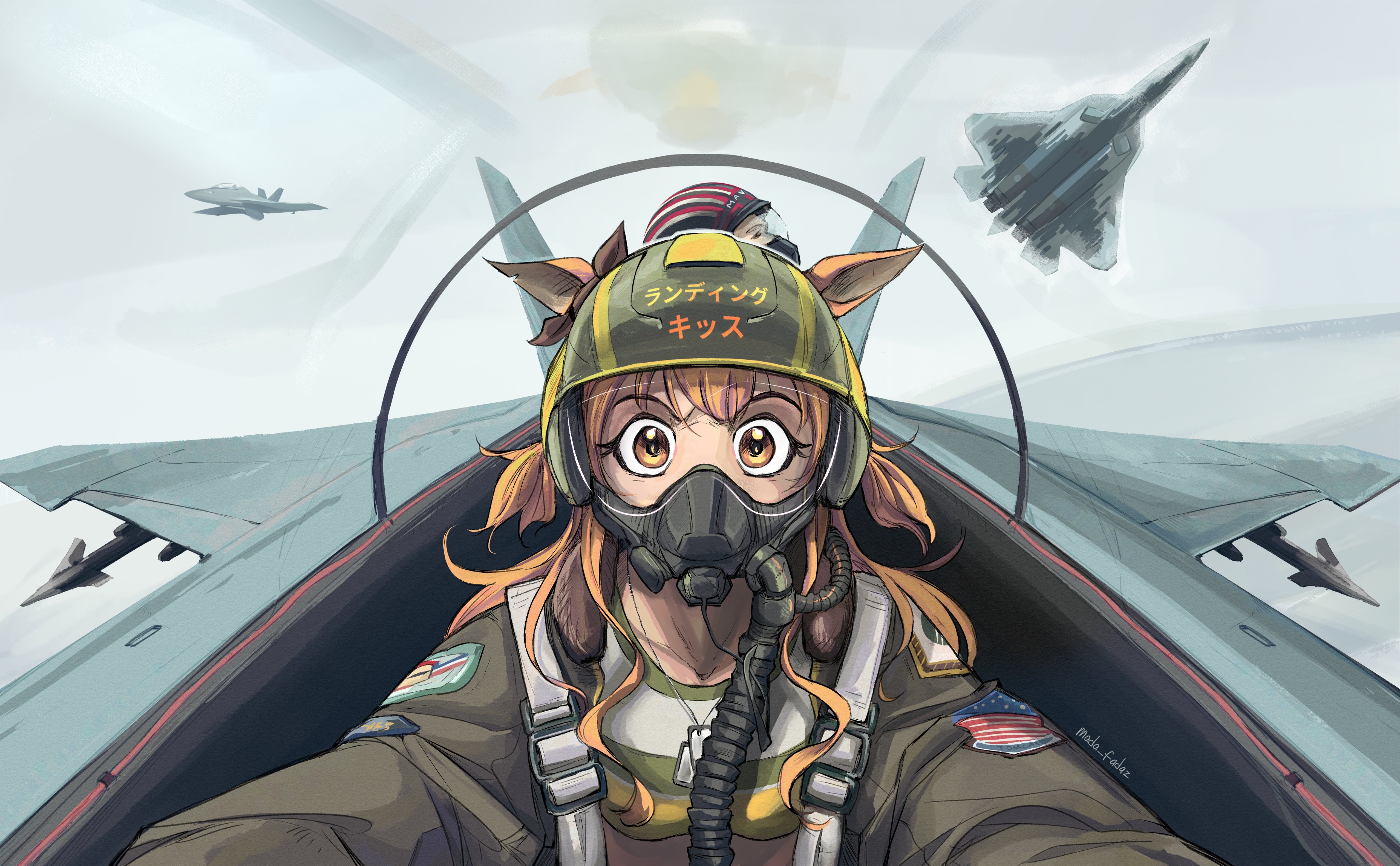 mada fadaz, mayano top gun (scramble zone) (umamusume), mayano top gun (umamusume), top gun, top gun: maverick, umamusume, absurdres, highres, 1boy, 1girl, aircraft, airplane, animal ears, bomber jacket, bow, breasts, cockpit, crop top, dog tags, ear bow, ear ribbon, fighter jet, flying, green jacket, hair between eyes, helmet, horse ears, horse girl, jacket, long hair, long sleeves, looking at viewer, mask, military vehicle, open clothes, open jacket, orange eyes, orange hair, oxygen mask, pete "maverick" mitchell, pilot, pilot helmet, shirt, sky