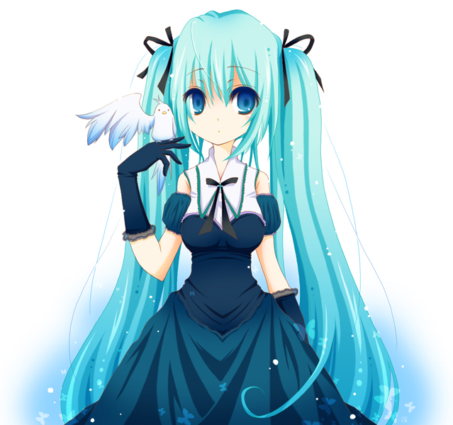 sen hitoha, hatsune miku, vocaloid, 1girl, aqua hair, bird, bird on hand, blue eyes, bow, dress, female focus, gloves, hair bow, hair ribbon, long hair, ribbon, solo, twintails