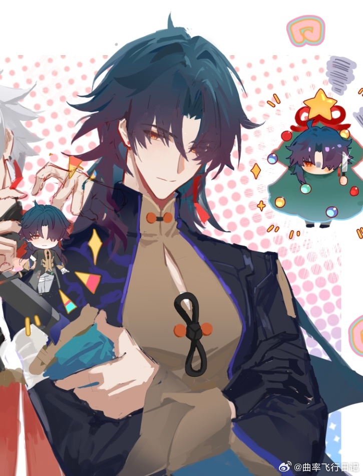 qing, blade (honkai: star rail), goodsmile company, honkai: star rail, honkai (series), nendoroid, chinese commentary, commentary request, 2boys, artist name, black gloves, black hair, chibi, chibi inset, christmas ornaments, christmas star, christmas tree costume, cleavage cutout, closed mouth, clothing cutout, crossed arms, curtained hair, dotted background, earrings, expressionless, four-finger heart hands, gloves, hair over one eye, heart, heart hands, holding, holding knife, holding sword, holding weapon, jewelry, kitchen knife, knife, long bangs, long hair, long sleeves, looking at viewer, male focus, mandarin collar, middle part, multiple boys, notice lines, one eye covered, orange eyes, pankou, parted bangs, sheath, sheathed, single earring, single glove, solo focus, sparkle, squiggle, star (symbol), sword, tassel, tassel earrings, turn pale, upper body, watermark, weapon, weibo watermark, white background