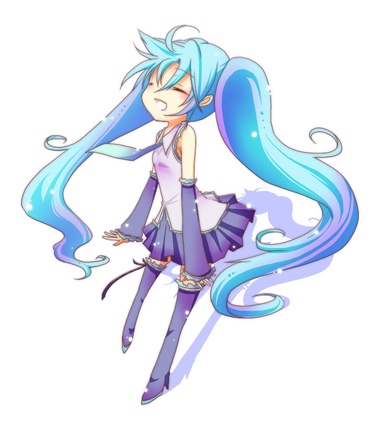 sen hitoha, hatsune miku, vocaloid, blue hair, closed eyes, detached sleeves, happy, long hair, necktie, skirt, solo, thighhighs, twintails, very long hair
