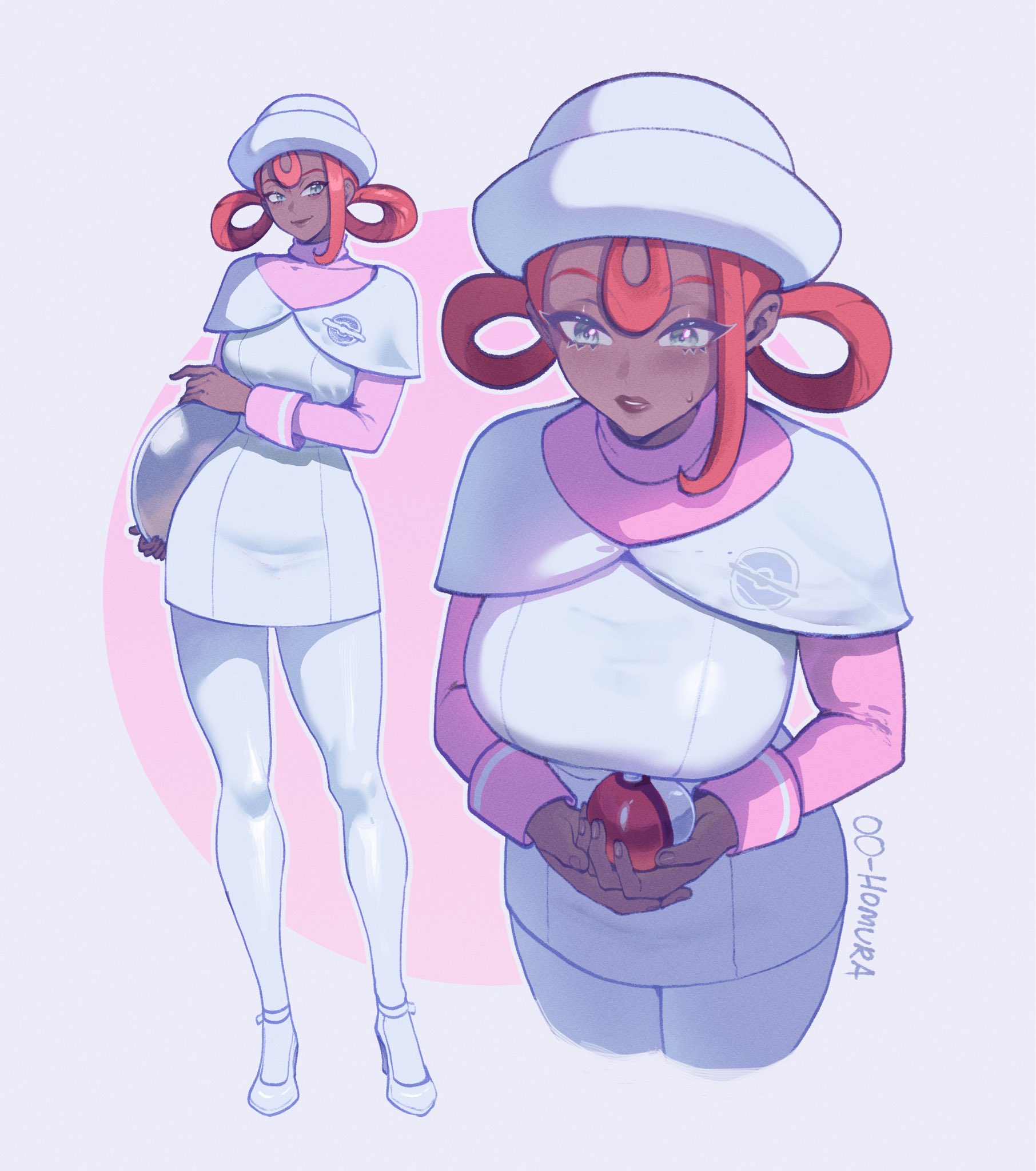 nyantcha, nintendo, pokemon, pokemon legends: z-a, highres, textless version, 1girl, dark-skinned female, dark skin, dress, english text, full body, grey eyes, hair rings, hat, joy (pokemon legends: z-a), long sleeves, nurse cap, pantyhose, pink hair, pink shirt, shirt, shoes, single sidelock, solo, sweat, sweatdrop, turtleneck, very dark skin, white dress, white pantyhose, white shoes