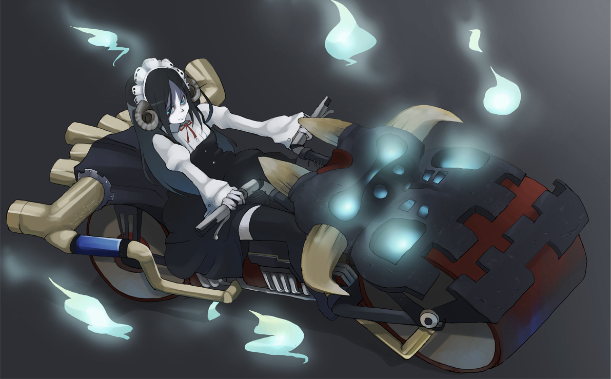 tansuke, original, vehicle, black hair, ghost, hitodama, horns, long hair, maid, monster girl, motor vehicle, motorcycle, pale skin, solo, spirits, thighhighs