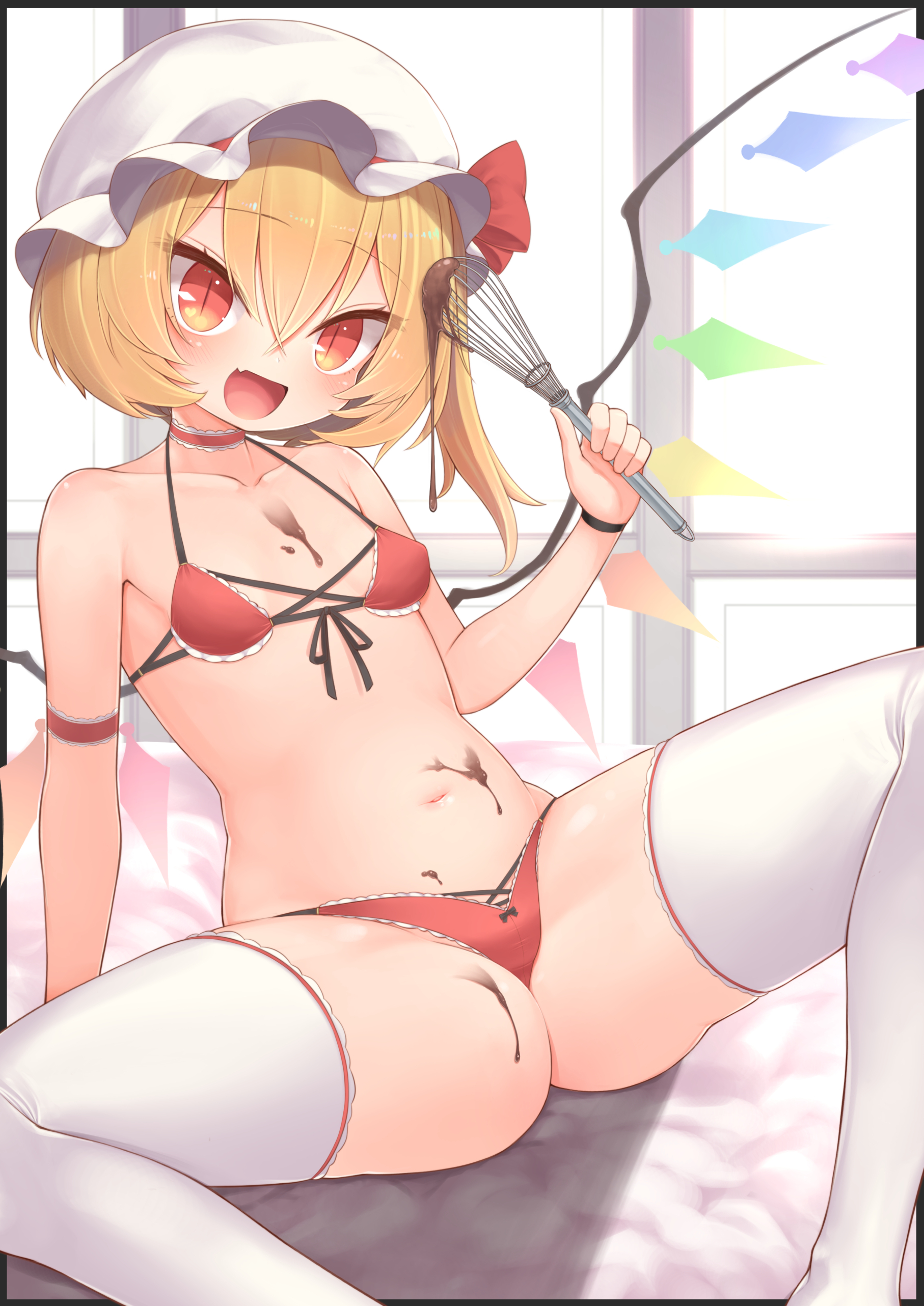 harunoha, flandre scarlet, touhou, absurdres, commentary request, highres, 1girl, bikini, blonde hair, blush, bowl, breasts, candy, chocolate, chocolate bar, chocolate on body, crystal wings, fang, feet out of frame, food, food on body, hat, holding, holding whisk, looking at viewer, mob cap, multicolored wings, open mouth, red bikini, red eyes, short hair, skin fang, small breasts, solo, swimsuit, thighhighs, valentine, whisk, white thighhighs, wings