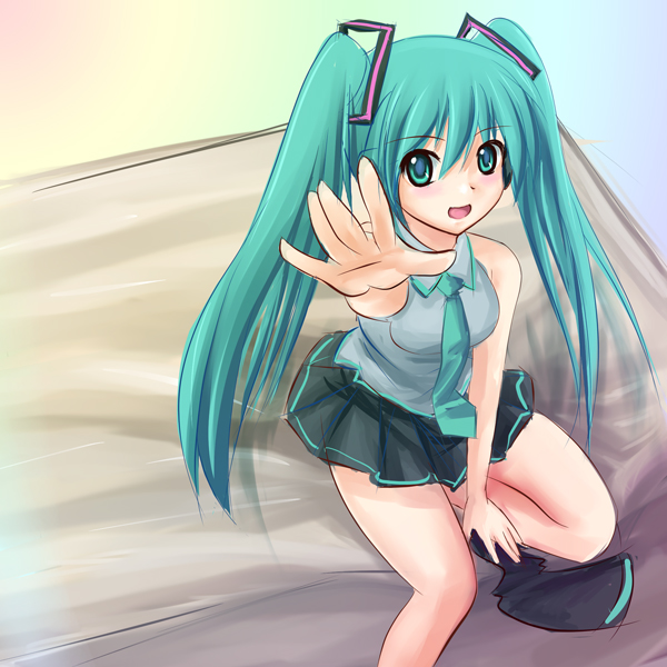 minazuki (jo), hatsune miku, vocaloid, 1girl, aqua eyes, aqua hair, female focus, long hair, looking at viewer, necktie, open mouth, outstretched arm, outstretched hand, reaching, sitting, skirt, solo, twintails