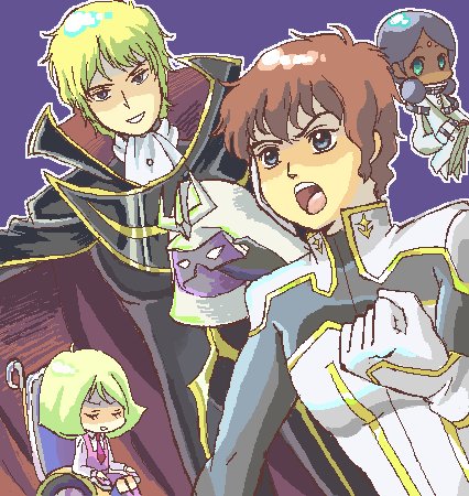amuro ray, c.c., char aznable, kururugi suzaku, lalah sune, lelouch vi britannia, nunnally vi britannia, sayla mass, zero (code geass), code geass, gundam, lowres, 2boys, 2girls, brother and sister, c.c. (cosplay), cosplay, kururugi suzaku (cosplay), mask, multiple boys, multiple girls, nunnally vi britannia (cosplay), parody, siblings, wheelchair, zero (code geass) (cosplay)