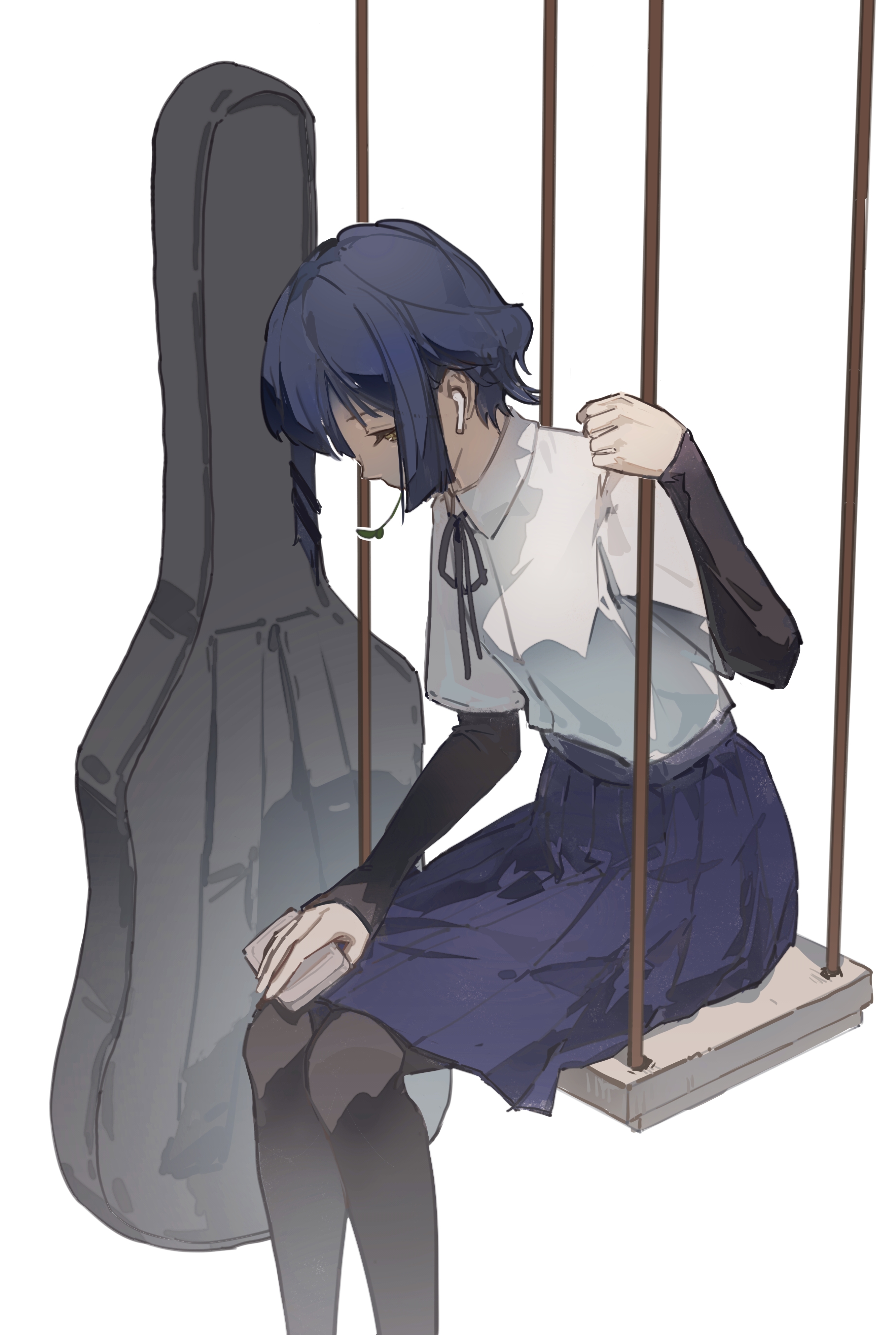 xiao'er yushiwuzheng, yamada ryo, bocchi the rock!, absurdres, chinese commentary, commentary request, highres, partial commentary, 1girl, black pantyhose, black ribbon, blue hair, blue skirt, cellphone, collared shirt, dress shirt, earbuds, earphones, facing down, feet out of frame, from side, guitar case, holding, holding phone, instrument case, knees together feet apart, layered sleeves, long sleeves, neck ribbon, on swing, pantyhose, phone, pleated skirt, ribbon, shirt, short hair, short over long sleeves, short sleeves, simple background, sitting, skirt, smartphone, solo, swing, white background, white shirt, yellow eyes