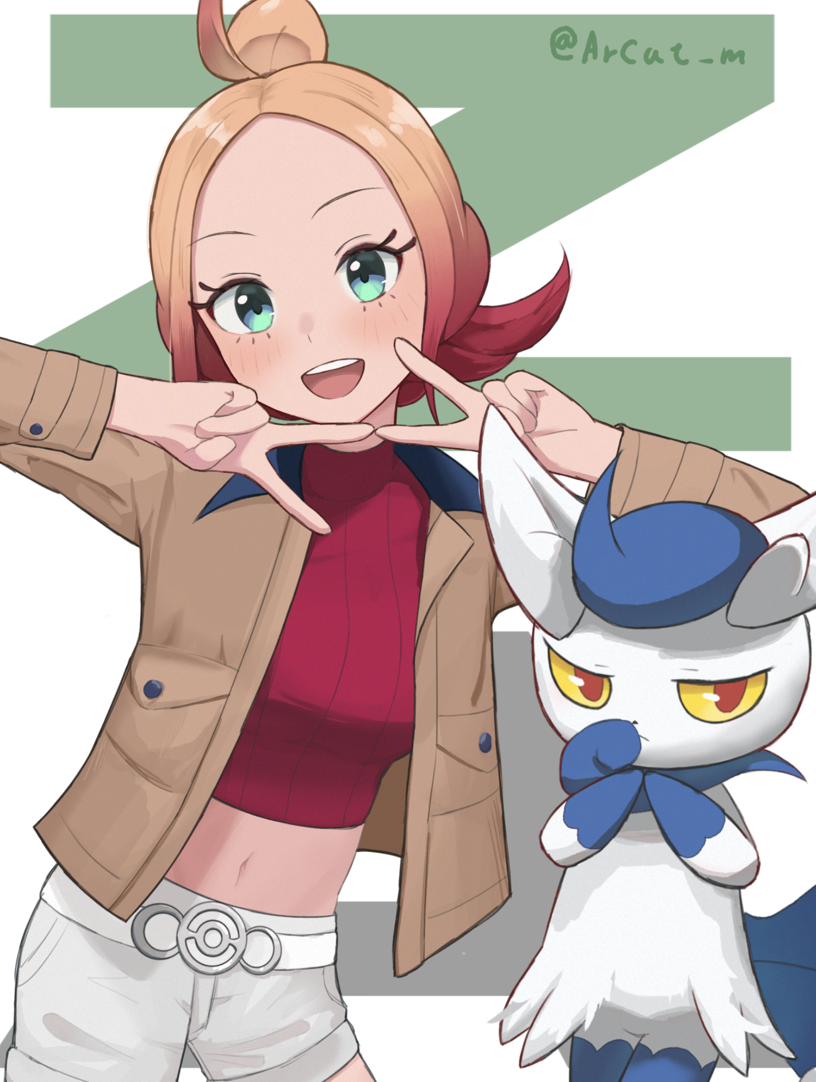 meowstic, taunie (pokemon), nintendo, pokemon, pokemon legends: z-a, commentary request, highres, 1girl, :d, arcat m, belt, blonde hair, blue eyes, blush, breasts, brown jacket, cowboy shot, crop top, cropped shirt, gen 6 pokemon, gradient hair, hair bun, jacket, long sleeves, looking at viewer, medium breasts, midriff, multicolored hair, navel, open clothes, open jacket, open mouth, parted bangs, pink hair, pokemon (creature), red shirt, ribbed shirt, shirt, short shorts, shorts, sidelocks, smile, standing, teeth, turtleneck, turtleneck shirt, twitter username, upper teeth only, white belt, white shorts, z (gesture)