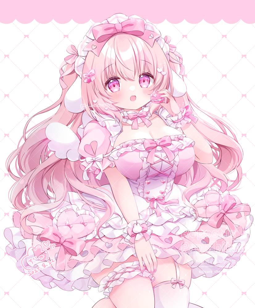 chiika (cure cherish), tia (chiika cure cherish), original, commentary, 1girl, :o, animal ears, blush, bow, breasts, buttons, center frills, choker, cleavage, collarbone, cowboy shot, cross-laced clothes, cross-laced dress, dated, dress, food, frilled choker, frilled dress, frilled thigh strap, frilled wrist cuffs, frills, garter straps, hair bow, hair ornament, heart, heart button, heart hair ornament, holding, holding food, holding macaron, large breasts, long hair, looking at viewer, macaron, maid headdress, nail polish, open mouth, pink bow, pink eyes, pink hair, pink nails, puffy short sleeves, puffy sleeves, rabbit ears, rabbit girl, short sleeves, signature, single garter strap, single thighhigh, solo, thick thighs, thigh strap, thighhighs, thighs, twitter username, two side up, very long hair, watermark, white background, white thighhighs, white wrist cuffs, wrist cuffs