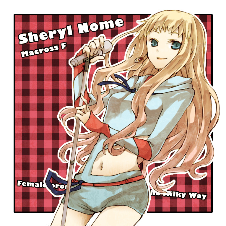 buzz (moi), sheryl nome, macross, macross frontier, 00s, belt, blonde hair, blue eyes, earrings, green eyes, jewelry, long hair, long sleeves, microphone, microphone stand, midriff, navel, single earring, smile, solo