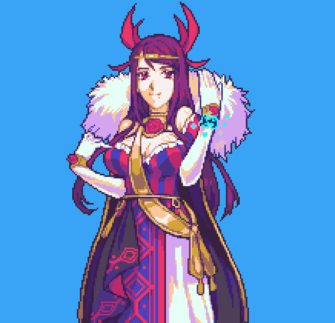 glaceo, ivy (fire emblem), fire emblem, fire emblem engage, nintendo, 1girl, alternate costume, breasts, closed mouth, gloves, large breasts, looking at viewer, pixel art, purple eyes, purple hair, queen, smile, upper body