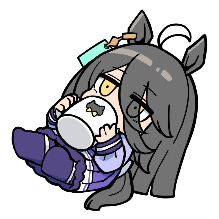 kawamochi (kawauti919), manhattan cafe (umamusume), umamusume, commentary request, 1girl, ahoge, animal ears, black hair, chibi, cup, dutch angle, full body, hair over one eye, holding, holding cup, horse ears, horse girl, horse tail, long sleeves, mug, multicolored hair, pleated skirt, puffy long sleeves, puffy sleeves, purple shirt, purple skirt, purple thighhighs, school uniform, shadow, shirt, simple background, skirt, solo, tail, thighhighs, tracen school uniform, two-tone hair, white background, white hair, yellow eyes