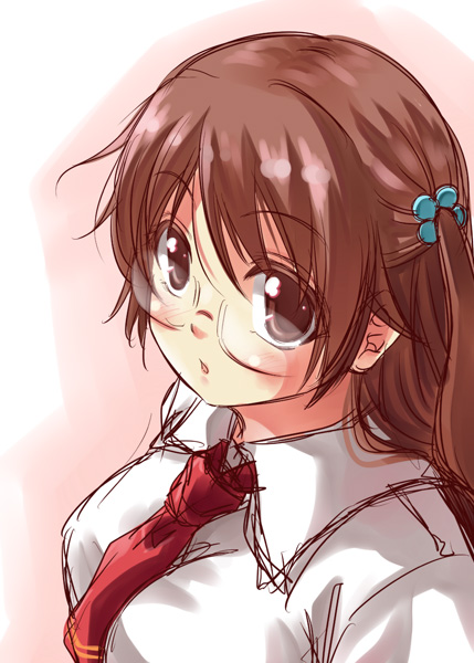 kouji (campus life), kazakiri hyouka, toaru majutsu no index, 00s, blush, brown eyes, brown hair, glasses, hair bobbles, hair ornament, necktie, side ponytail, solo
