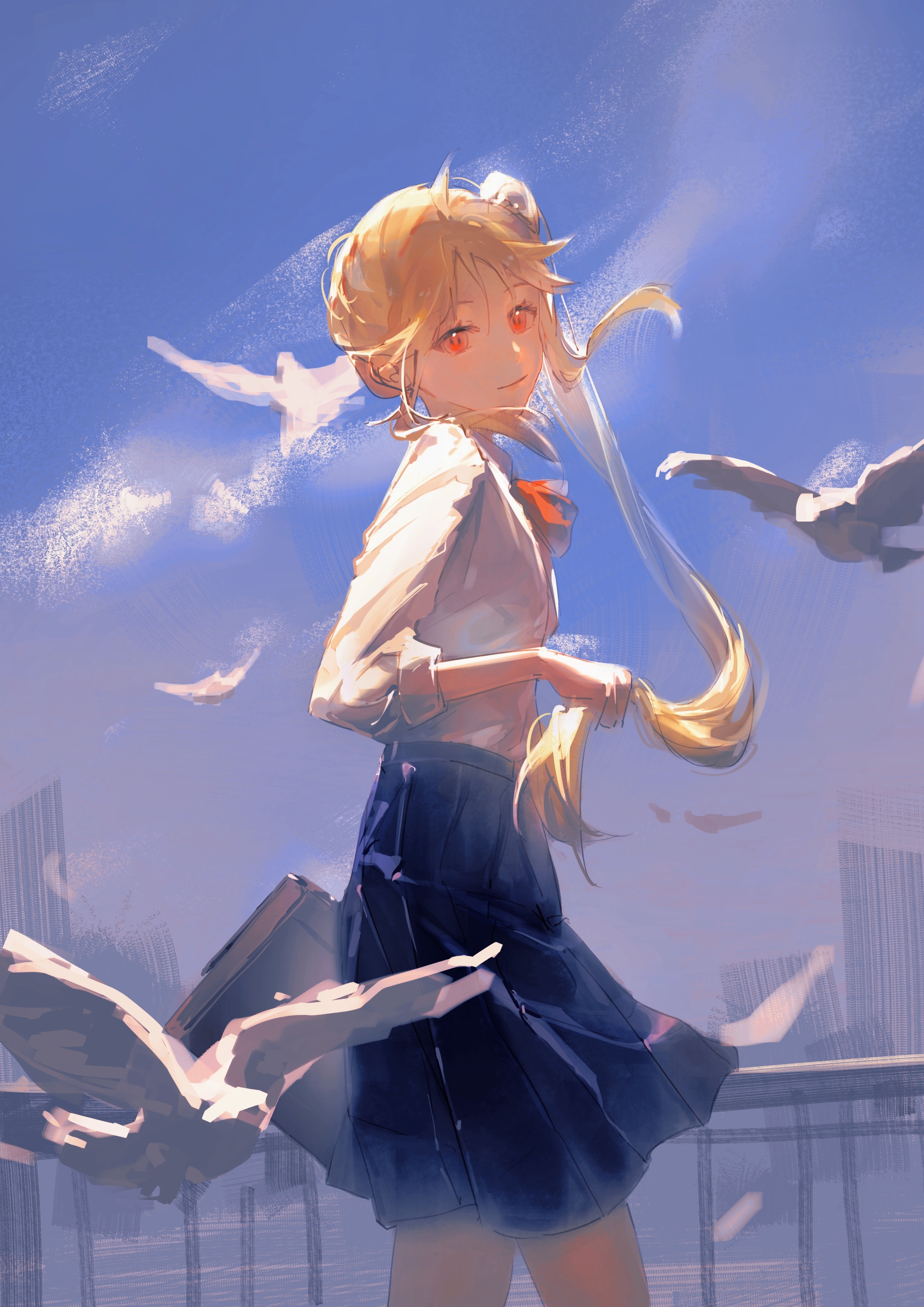 xiao'er yushiwuzheng, ijichi nijika, bocchi the rock!, absurdres, chinese commentary, commentary, highres, 1girl, bag, bare legs, bird, blonde hair, blue skirt, cityscape, cloud, collared shirt, dress shirt, from side, holding, holding bag, long hair, looking at viewer, looking back, neckerchief, pleated skirt, railing, red eyes, red neckerchief, school uniform, shirt, side ponytail, skirt, sky, smile, solo, three-quarter sleeves, very long hair, white bird, white shirt