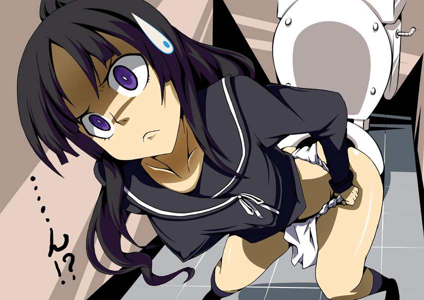 toudori, isayama yomi, ga-rei, ga-rei zero, 00s, 1girl, :<, black hair, female focus, frown, fundoshi, japanese clothes, long hair, purple eyes, school uniform, solo, sweatdrop, toilet