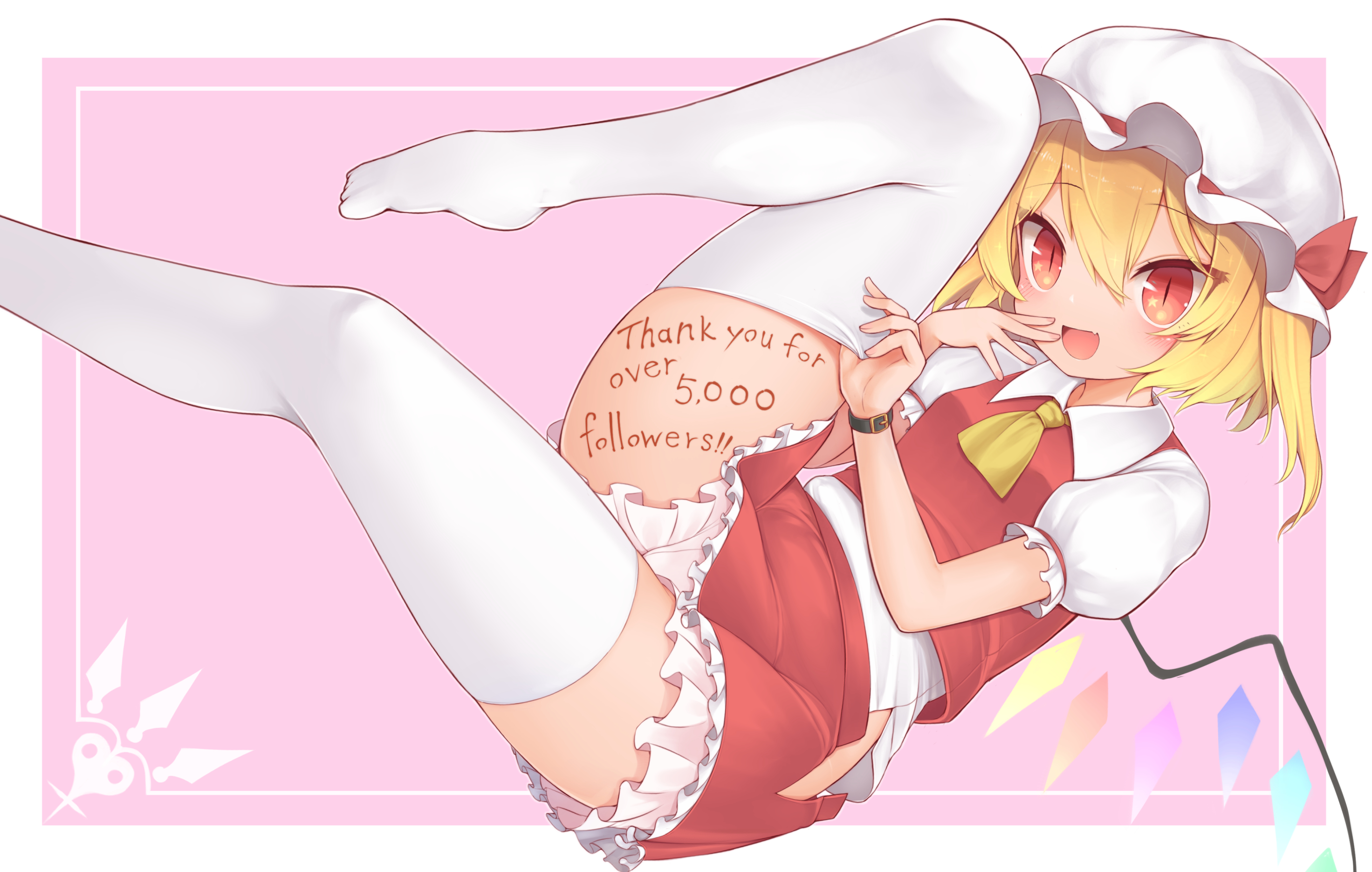 harunoha, flandre scarlet, touhou, commentary request, highres, 1girl, ascot, blonde hair, bloomers, breasts, collared shirt, fang, foot out of frame, frilled skirt, frilled sleeves, frills, from side, hair between eyes, hat, hat ribbon, legs, looking at viewer, looking to the side, medium hair, milestone celebration, mob cap, multicolored wings, no shoes, pink background, puffy short sleeves, puffy sleeves, red eyes, red ribbon, red skirt, red vest, ribbon, shirt, short sleeves, simple background, skirt, skirt set, small breasts, solo, thick thighs, thighhighs, thighs, underwear, vest, white bloomers, white hat, white shirt, white thighhighs, wings, yellow ascot