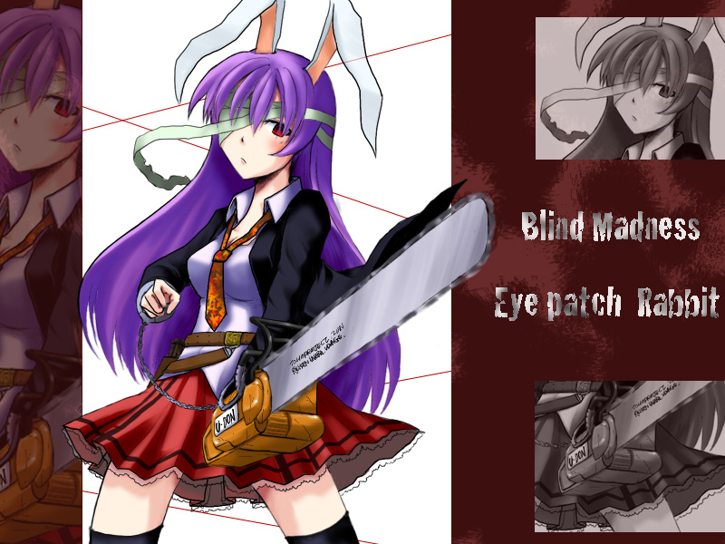 oyaji-sou, reisen udongein inaba, touhou, 1girl, animal ears, chainsaw, cuffs, female focus, handcuffs, rabbit ears, red eyes, solo, standing, thighhighs, zoom layer