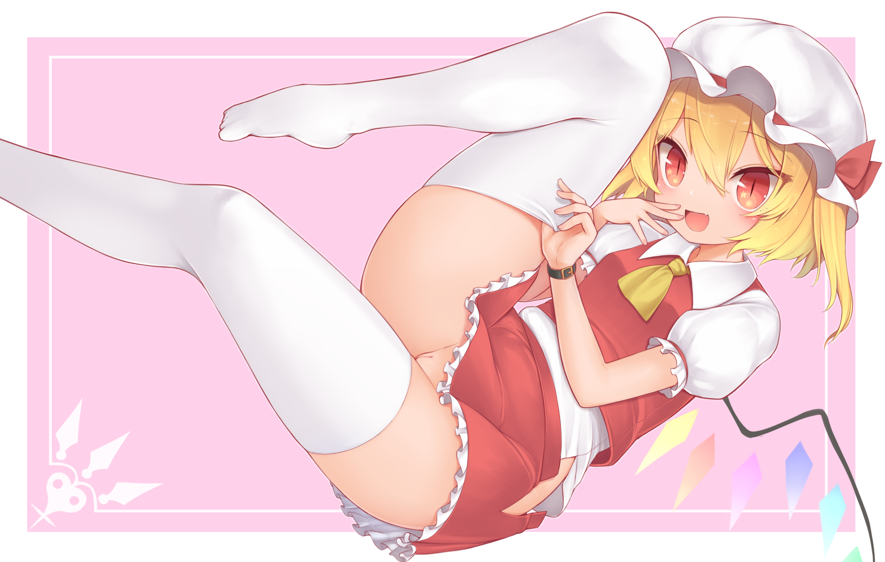 harunoha, flandre scarlet, touhou, commentary request, highres, 1girl, ascot, blonde hair, breasts, collared shirt, fang, foot out of frame, frilled skirt, frilled sleeves, frills, from side, hair between eyes, hat, hat ribbon, legs, looking at viewer, looking to the side, medium hair, mob cap, multicolored wings, no panties, no shoes, pink background, puffy short sleeves, puffy sleeves, pussy, red eyes, red ribbon, red skirt, red vest, ribbon, shirt, short sleeves, simple background, skirt, skirt set, small breasts, solo, thick thighs, thighhighs, thighs, uncensored, vest, white hat, white shirt, white thighhighs, wings, yellow ascot