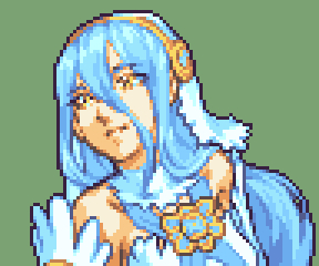 glaceo, azura (fire emblem), fire emblem, fire emblem fates, nintendo, lowres, 1girl, bare shoulders, blue hair, hair between eyes, long hair, looking to the side, pixel art, portrait, solo, very long hair, yellow eyes