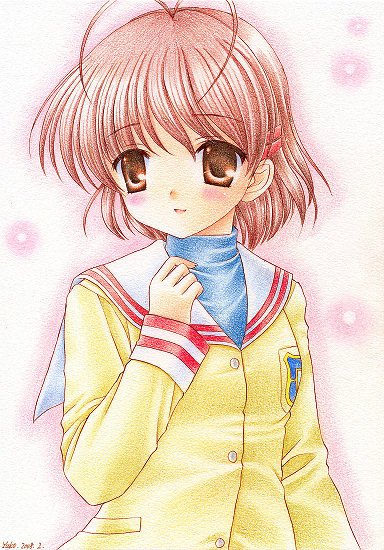 yukiou, furukawa nagisa, clannad, bad id, bad pixiv id, traditional media, 00s, antenna hair, brown eyes, brown hair, school uniform, short hair, solo
