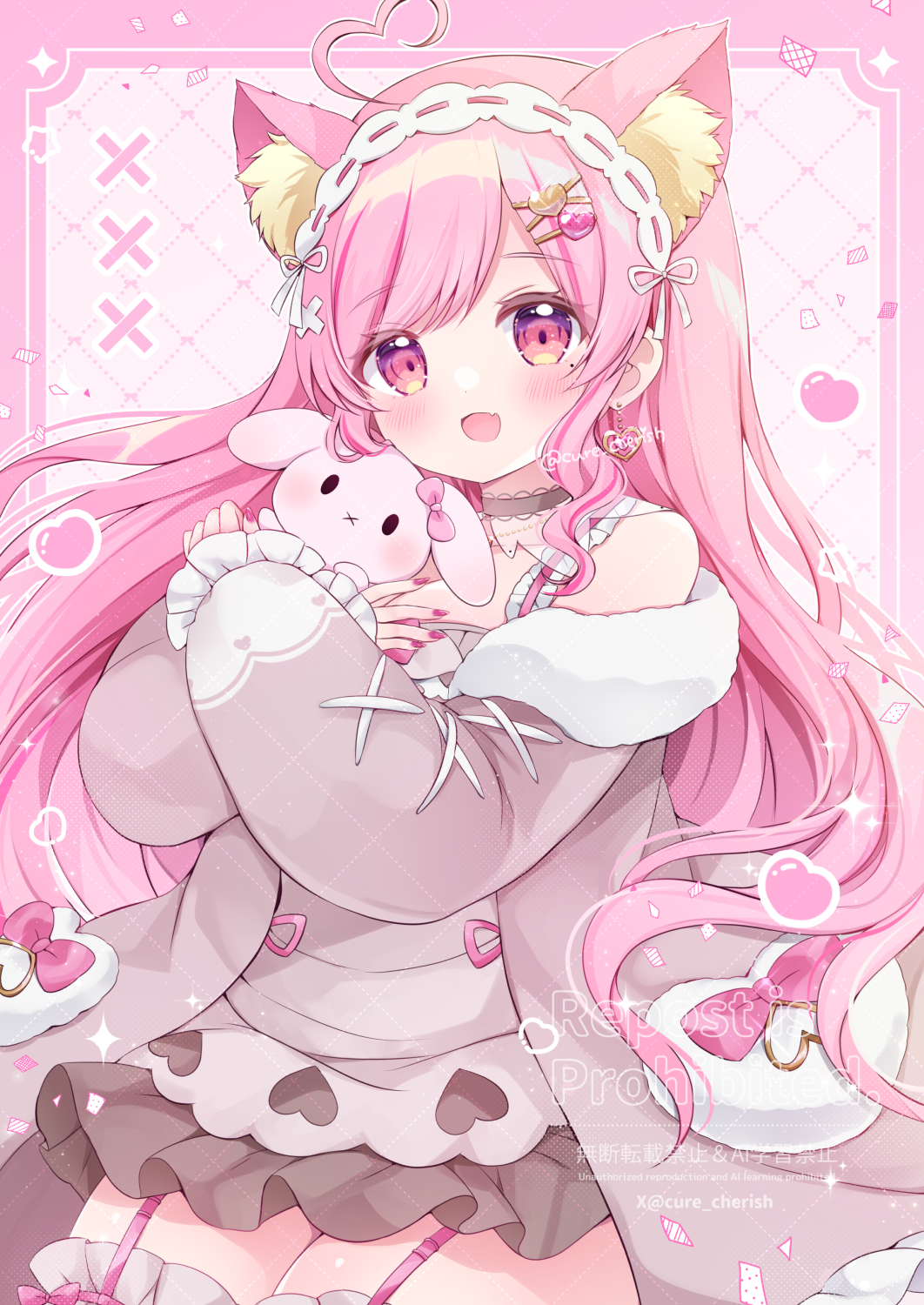 chiika (cure cherish), momonya miyui, indie virtual youtuber, commentary request, commission, highres, skeb commission, 1girl, :d, ahoge, animal ear fluff, animal ears, bare shoulders, black choker, blush, breasts, brown dress, brown skirt, cat ears, cat girl, choker, dress, earrings, fang, frilled sleeves, frills, fur trim, garter straps, gold earrings, hair ornament, hairband, hairclip, heart, heart ahoge, heart earrings, heart hair ornament, hugging object, jacket, jewelry, large breasts, long hair, long sleeves, looking at viewer, nail polish, off shoulder, open mouth, pink background, pink eyes, pink hair, pink nails, ribbon-trimmed hairband, skin fang, skirt, sleeves past wrists, smile, solo, stuffed animal, stuffed rabbit, stuffed toy, swept bangs, thighhighs, twitter username, very long hair, virtual youtuber, watermark, white hairband, x hair ornament