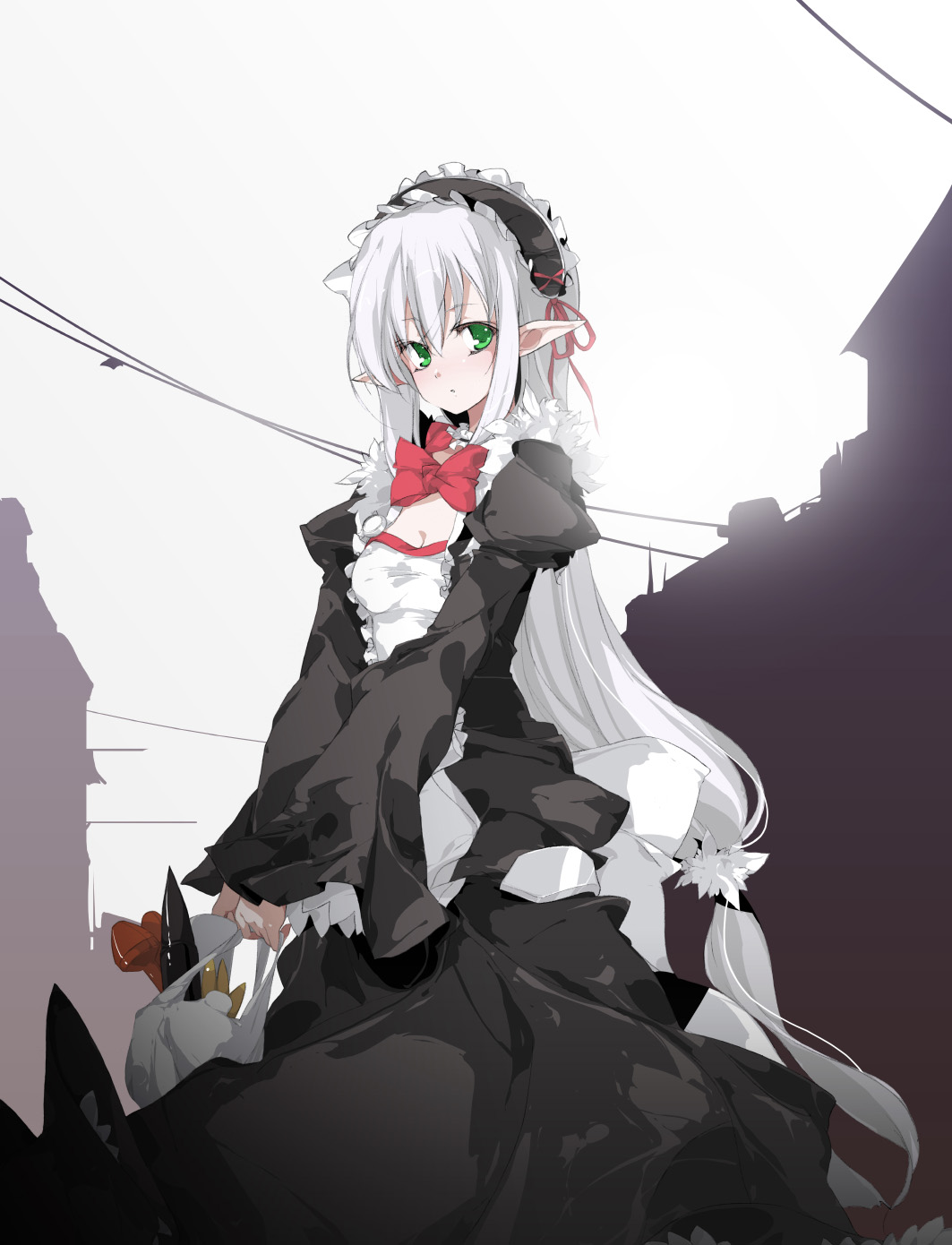 sakura sora, bad id, bad pixiv id, highres, bag, dress, elf, green eyes, long hair, maid, pointy ears, shopping bag, very long hair, white hair