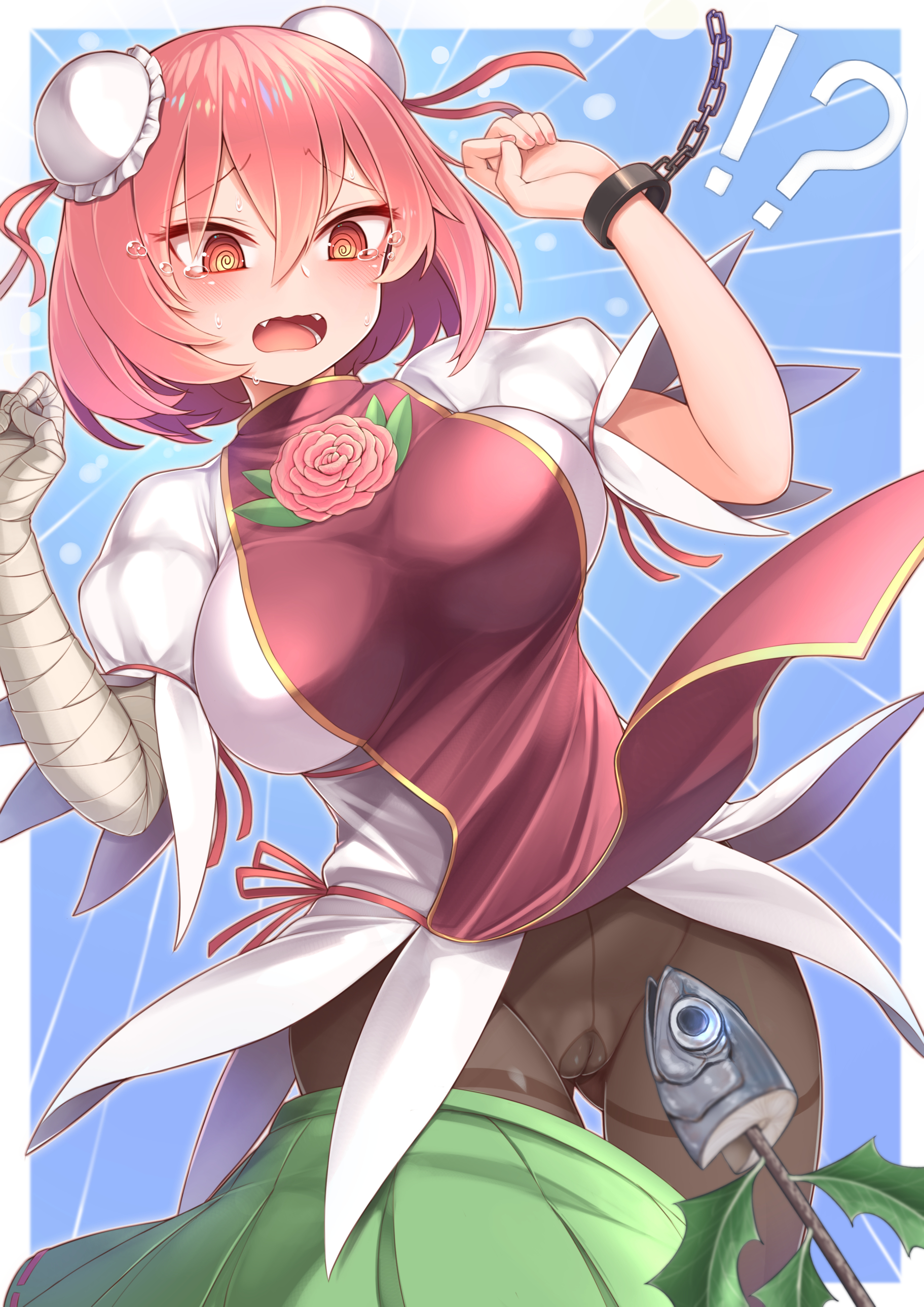harunoha, hiiragi iwashi, ibaraki kasen, touhou, absurdres, commentary request, highres, 1girl, ?, @ @, bandaged arm, bandages, black pantyhose, blue background, blush, breasts, bun cover, cameltoe, carnation, cuffs, double bun, fangs, fish head, flower, gluteal fold, green skirt, hair bun, large breasts, open mouth, pantyhose, pink flower, pink hair, red eyes, shackles, short hair, skirt, skirt around one leg, solo, tabard, teeth