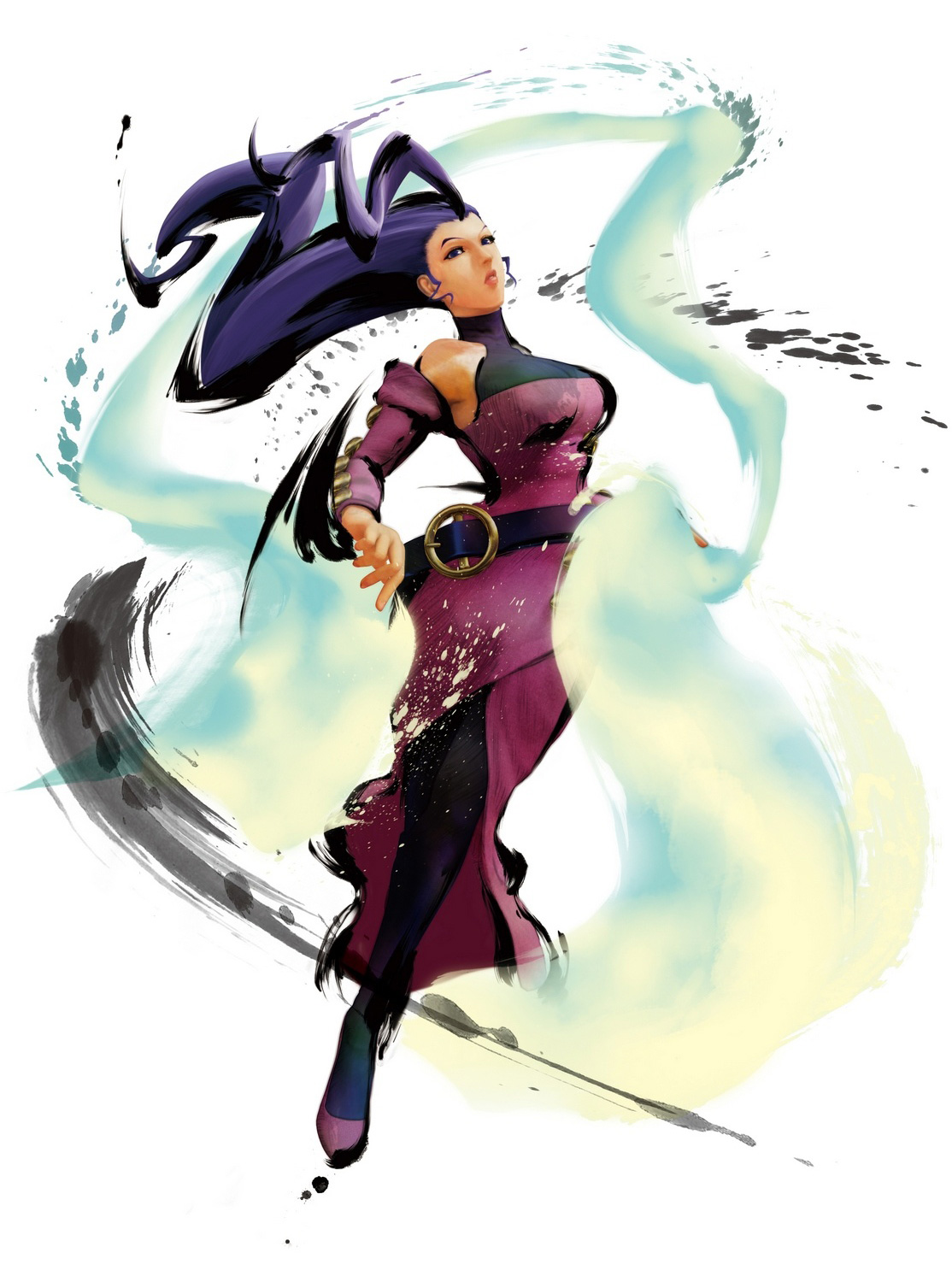 ikeno daigo, rose (street fighter), capcom, street fighter, street fighter iv (series), highres, official art, 1girl, bare shoulders, belt, belt skirt, clothing cutout, dress, elbow gloves, female focus, gloves, hagoromo, hair slicked back, long hair, pantyhose, purple eyes, purple hair, shawl, shoulder cutout, single hair intake, solo