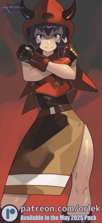 orlek, courtney (pokemon), nintendo, pokemon, pokemon rse, 1girl, black dress, black gloves, blue eyes, blue hair, closed mouth, crossed arms, dress, fake horns, gloves, holding, holding poke ball, hood, hood up, hoodie, horned headwear, horned hood, horns, looking at viewer, poke ball, poke ball (basic), red hood, short hair, team magma, team magma uniform