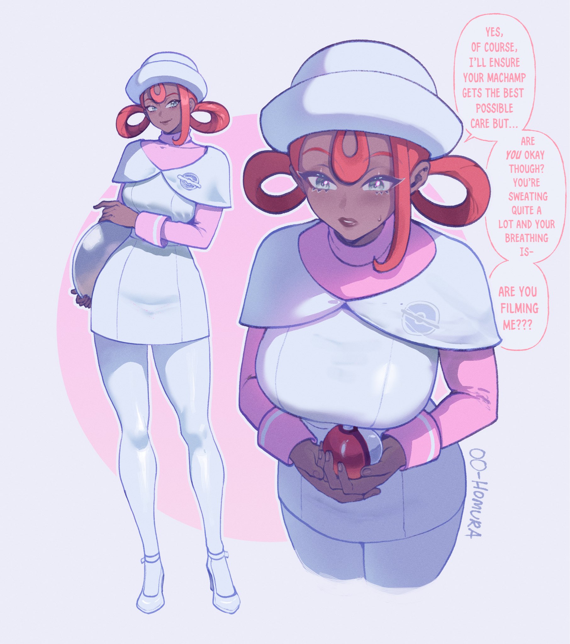 nyantcha, nintendo, pokemon, pokemon legends: z-a, highres, 1girl, dark-skinned female, dark skin, dress, english text, full body, grey eyes, hair rings, hat, joy (pokemon legends: z-a), long sleeves, nurse cap, pantyhose, pink hair, pink shirt, shirt, shoes, single sidelock, solo, turtleneck, very dark skin, white dress, white pantyhose, white shoes