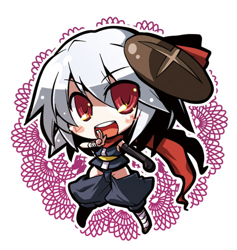 akaneya, visbou, microsoft, microsoft windows, os-tan, windows vista, bad id, bad pixiv id, lowres, 1girl, bandaged wrist, bandages, black gloves, blush, chibi, female focus, gloves, grey hair, hair ornament, looking at viewer, ninja, open mouth, red eyes, red scarf, scarf, short hair, single glove, smile, solo, teeth, white background