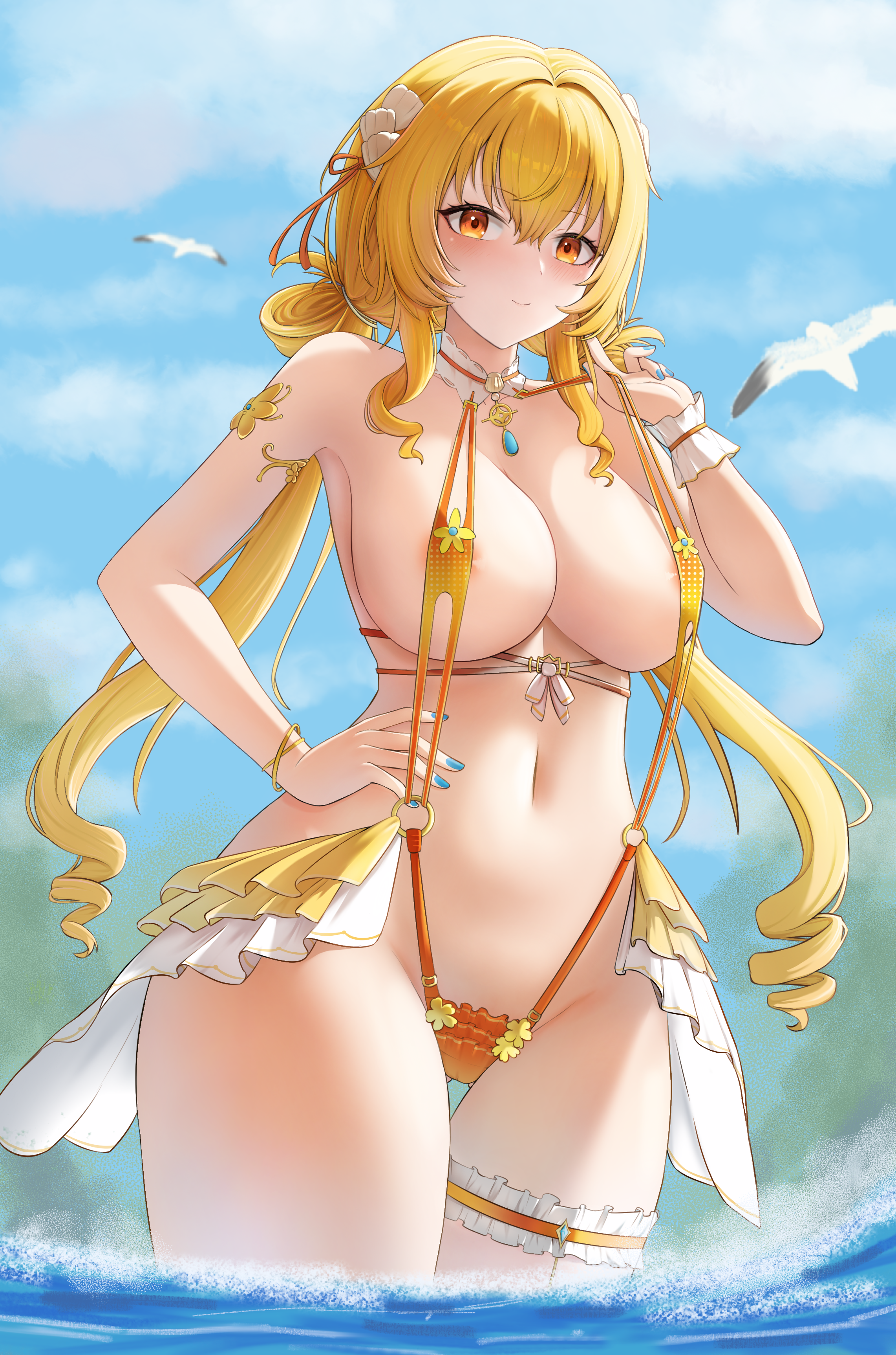 su su su, fenny golden, snowbreak: containment zone, absurdres, chinese commentary, commentary request, highres, 1girl, areola slip, bare shoulders, bird, blonde hair, blue nails, blue sky, blush, bracelet, breasts, choker, cleavage, closed mouth, cloud, collarbone, covered erect nipples, cowboy shot, day, drill hair, gluteal fold, groin, hair between eyes, hair ornament, hair ribbon, hair rings, hand on own hip, jewelry, large breasts, long hair, looking at viewer, low twintails, navel, o-ring, o-ring swimsuit, ocean, orange choker, orange slingshot swimsuit, outdoors, ribbon, shell, shell hair ornament, showgirl skirt, sidelocks, skirt, sky, slingshot swimsuit, smile, solo, standing, stomach, swimsuit, thigh gap, thigh strap, twin drills, twintails, wading, white skirt, yellow eyes