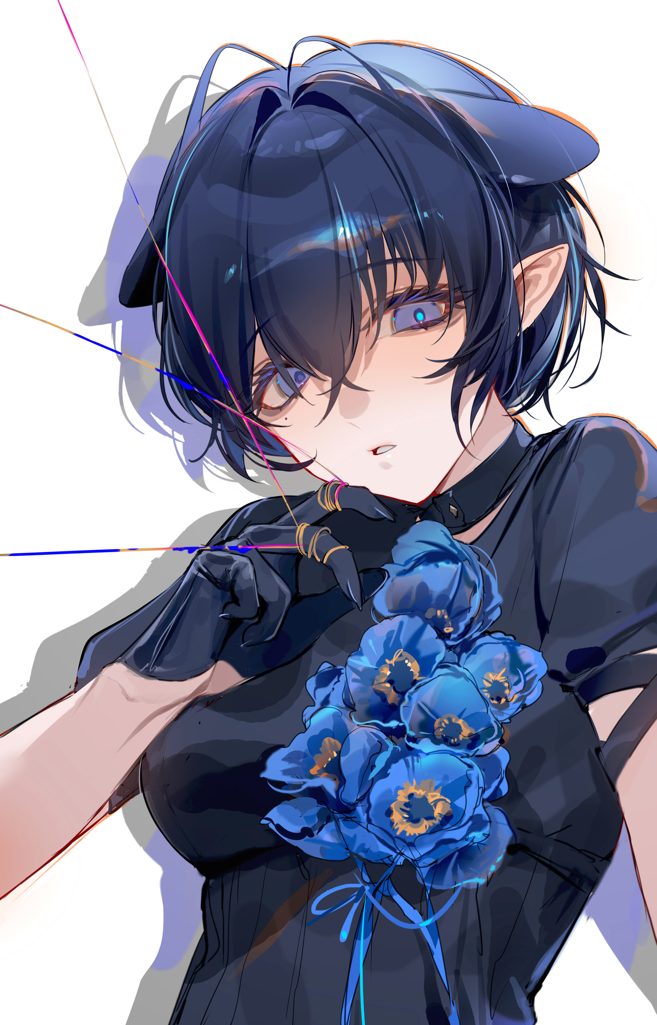 shibuya (kurokamishain), ninomae ina'nis, hololive, hololive english, meconopsis (ninomae ina'nis), absurdres, highres, 1girl, black choker, black dress, black gloves, black hair, blue flower, blue pupils, choker, dress, flower, gloves, grey eyes, looking at viewer, mole, mole under eye, official alternate costume, official alternate hairstyle, pointy ears, short hair, simple background, solo, tentacle hair, virtual youtuber, white background