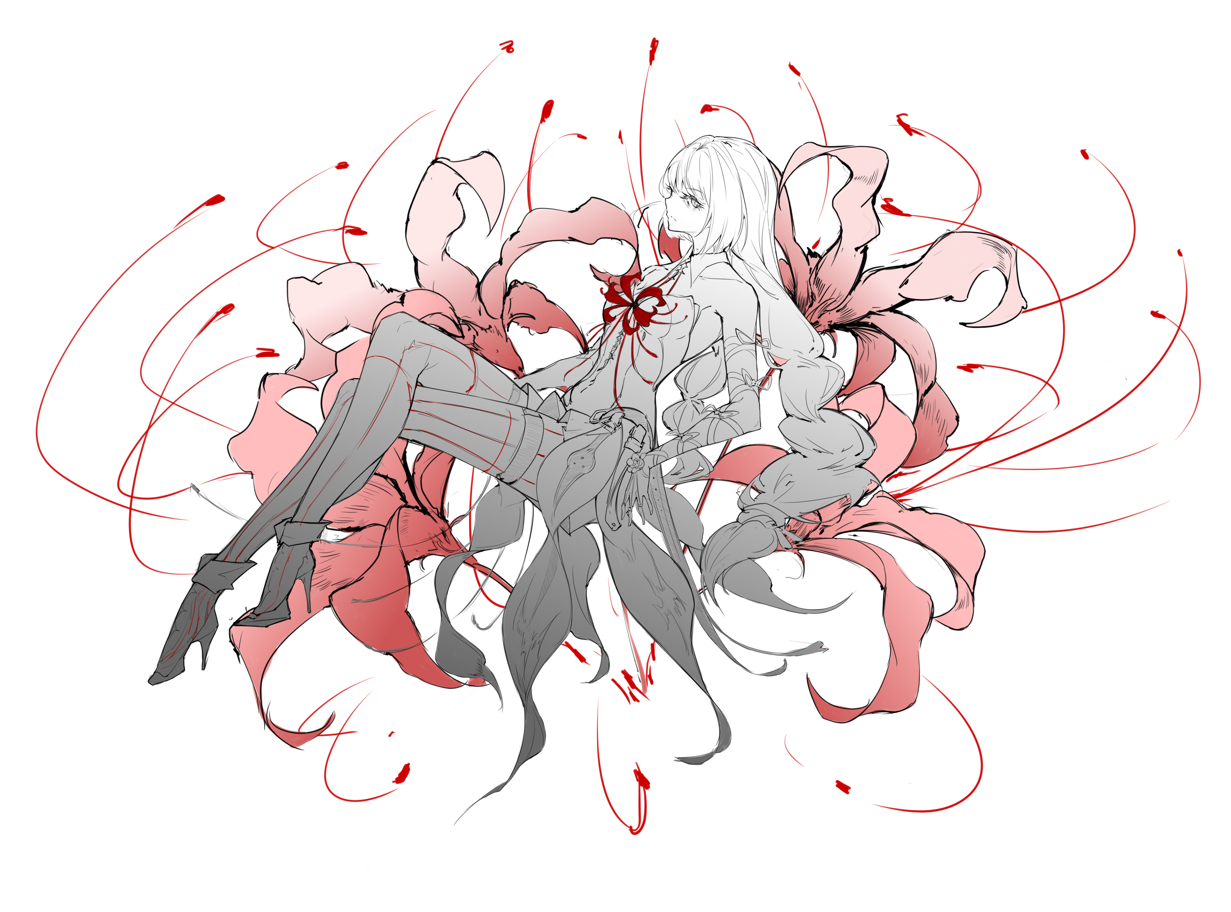 cdlo, phrolova (wuthering waves), wuthering waves, braided twintails, absurdres, highres, 1girl, arm bow, bare shoulders, braid, collarbone, crossed legs, detached collar, dress, flower, flower on chest, from side, full body, greyscale, high heels, invisible chair, long hair, looking at viewer, monochrome, profile, red flower, sideways glance, simple background, sitting, solo, spider lily, spot color, stiletto heels, strapless, thighhighs, twin braids, very long hair