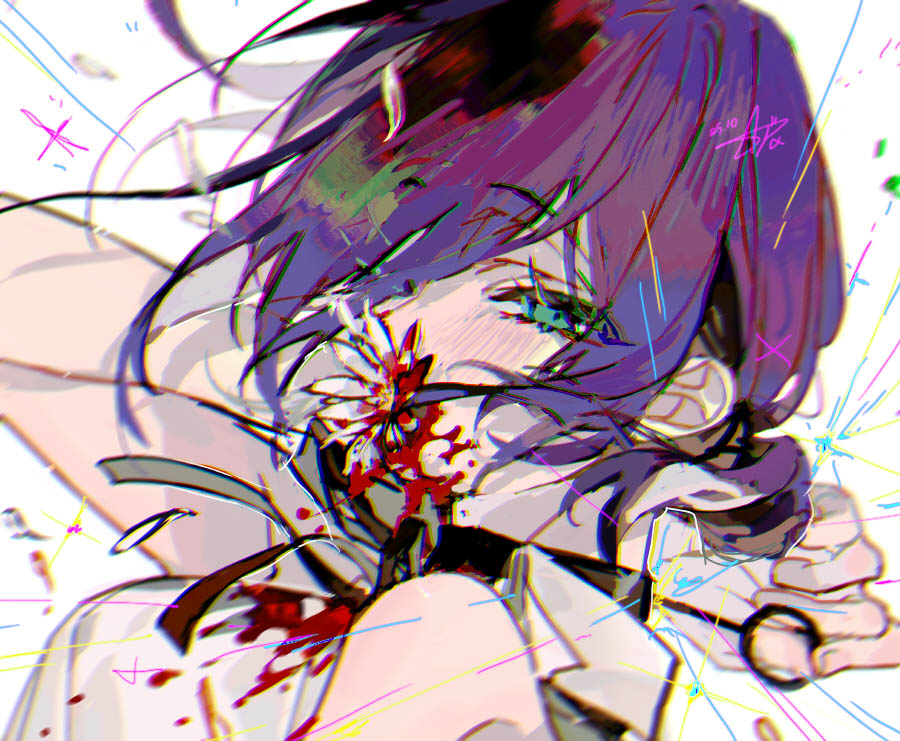 sapphire (nine), reze (chainsaw man), chainsaw man, 1girl, black choker, blood, blood from mouth, choker, close-up, flower, flower over mouth, green eyes, grenade pin, grey ribbon, hair bun, neck ribbon, purple hair, ribbon, shirt, sleeveless, sleeveless shirt, solo, white flower, white shirt