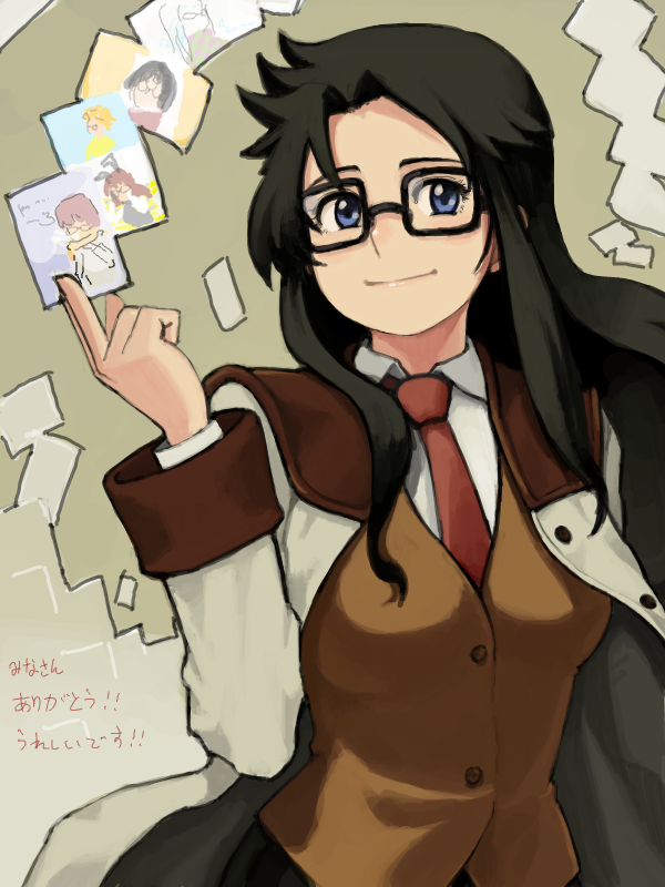 tachibana midori, tachibana roku, yomiko readman, read or die, translated, 00s, 1girl, black hair, blue eyes, female focus, glasses, long hair, necktie, red necktie, smile, solo, vest, waistcoat