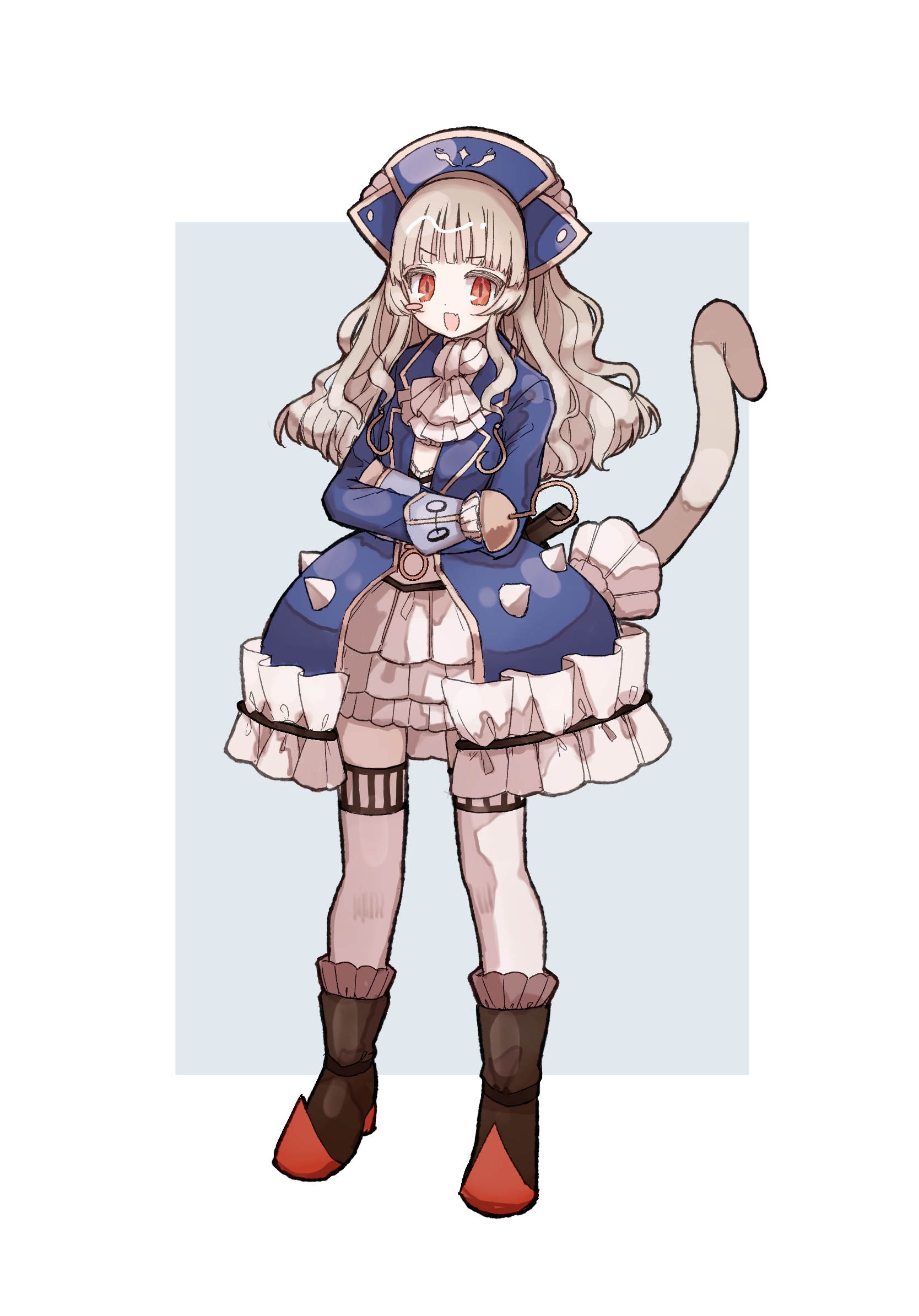 butter run, mahou shoujo ikusei keikaku, mahou shoujo ikusei keikaku limited, highres, 1girl, blonde hair, boots, captain grace, crossed arms, dress, frilled dress, frills, hime cut, hook, long hair, magical girl, monkey tail, red eyes, smile, tail, thighhighs, white thighhighs
