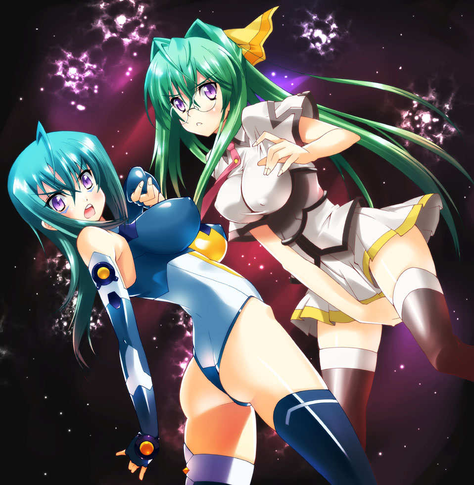 shinozuka atsuto, kannagi itsuki, shimoyama mutsumi, sora wo kakeru shoujo, black legwear, blue legwear, pilot suit, >:o, 00s, 2girls, :o, ahoge, angry, aqua hair, ass, asymmetrical legwear, bare shoulders, between legs, blue gloves, blush, bodysuit, breasts, covered erect nipples, dual persona, dutch angle, elbow gloves, facial mark, fingerless gloves, from side, glasses, gloves, gradient hair, green hair, hair between eyes, hair intakes, hair ribbon, hand between legs, highleg, highleg leotard, impossible clothes, impossible leotard, large breasts, legs apart, leotard, long hair, looking back, miniskirt, multicolored hair, multiple girls, necktie, open mouth, outdoors, parted lips, pleated skirt, purple eyes, ribbon, rimless eyewear, school uniform, shirt, short sleeves, sidelocks, skin tight, skirt, sky, space, star (sky), starry sky, taut clothes, thigh strap, thighhighs, thong, thong leotard, time paradox, uneven legwear, v-shaped eyebrows, very long hair, zettai ryouiki
