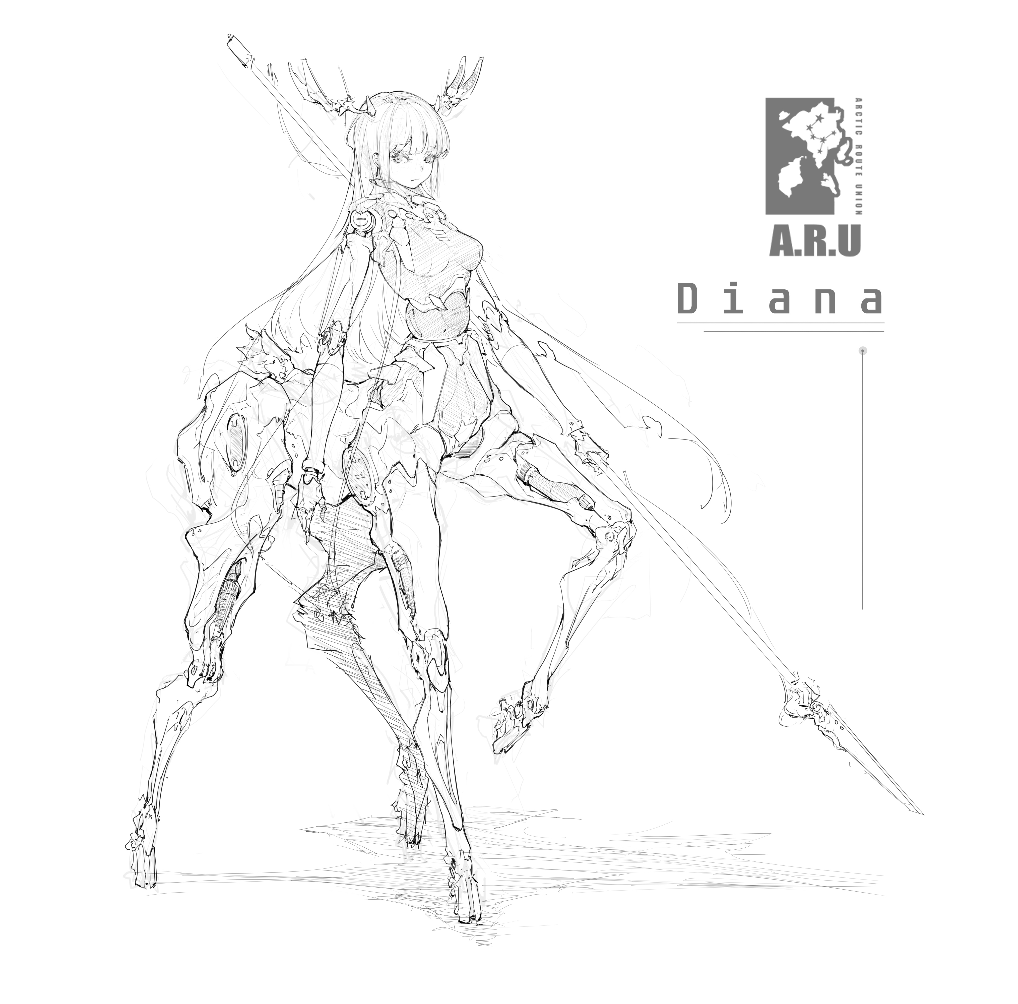 cdlo, diana (pgr), punishing: gray raven, absurdres, highres, 1girl, antlers, breasts, cape, centaur, character name, cyborg, emblem, full body, greyscale, holding, holding polearm, holding weapon, horns, joints, long hair, looking at viewer, mechabare, mechanical horns, medium breasts, monochrome, polearm, robot girl, robot joints, see-through cape, sideways glance, simple background, solo, taur, weapon
