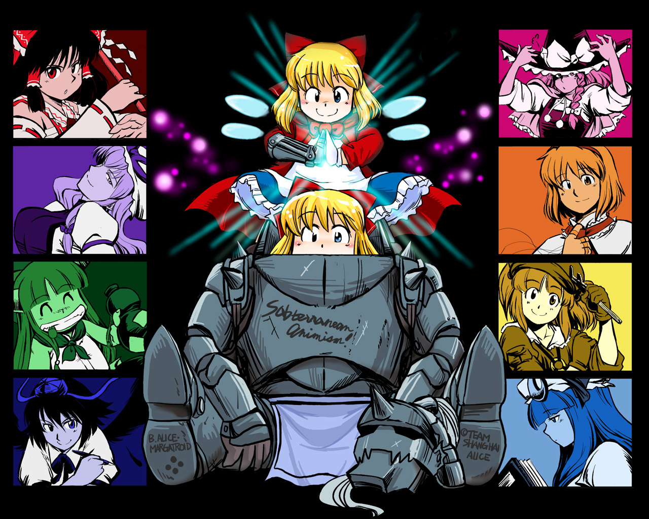 azuki osamitsu, alice margatroid, alphonse elric, hakurei reimu, hourai doll, ibuki suika, kawashiro nitori, kirisame marisa, patchouli knowledge, shameimaru aya, shanghai doll, yakumo yukari, fullmetal alchemist, subterranean animism, touhou, 6+girls, alchemy, armor, automail, chibi, female focus, hat, horns, long hair, mechanical arms, multiple girls, multiple monochrome, parody, short hair, single mechanical arm, upper body