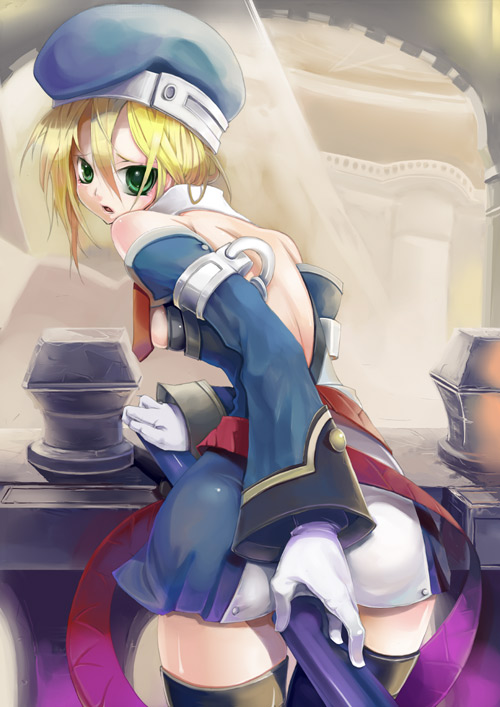 nekoda, nekoda kuro, noel vermillion, arc system works, blazblue, 1girl, ass, back, beret, blonde hair, breasts, detached sleeves, dress, female focus, gloves, green eyes, hat, medium breasts, necktie, short dress, short hair, solo, thighhighs, zettai ryouiki