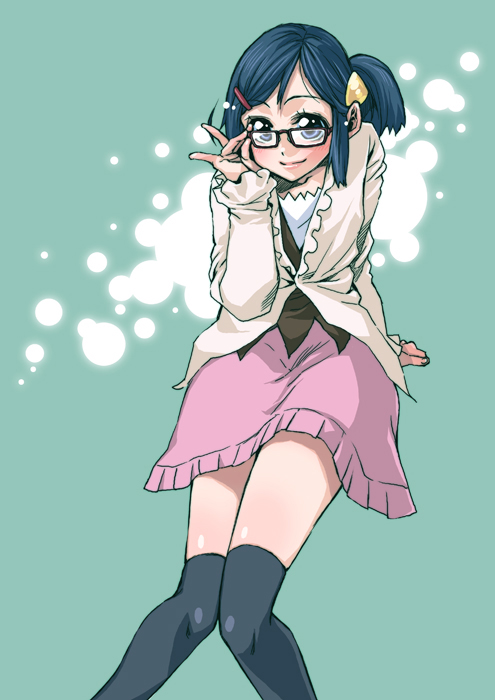 takanashi ringo, dawn (pokemon), nintendo, pokemon, 1girl, adjusting eyewear, bespectacled, blue hair, blush, female focus, glasses, hair ornament, hairclip, kneehighs, short hair, smile, socks, solo, thighhighs
