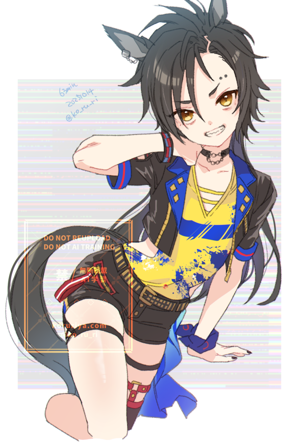 koruri, air shakur (umamusume), air shakur (unsigned) (umamusume), umamusume, 1girl, animal ears, black choker, black hair, black jacket, black shorts, breasts, choker, cropped jacket, ear chain, eyebrow piercing, face piercing, grin, hair between eyes, horse ears, horse girl, horse tail, jacket, linked piercing, long hair, looking at viewer, open mouth, piercing, sharp teeth, shirt, shorts, smile, solo, tail, teeth, thigh strap, tomboy, yellow eyes, yellow shirt