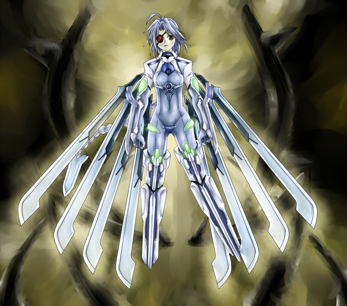 eiji (eiji), eiji (pixiv 60367), nu-13, arc system works, blazblue, ahoge, braid, eyepatch, mecha musume, red eyes, solo, white hair, wings