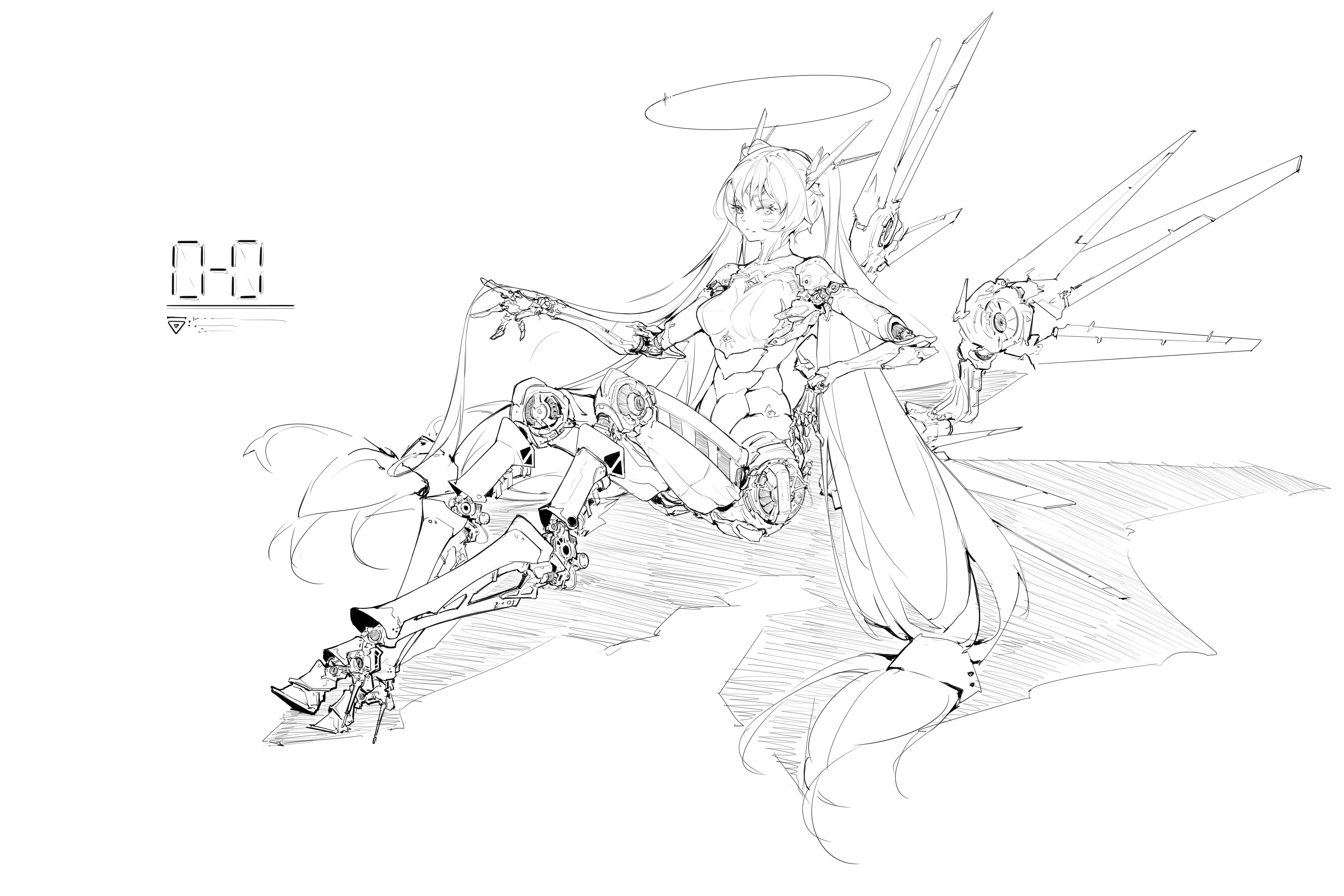 cdlo, original, absurdres, highres, 1girl, breasts, cyborg, expressionless, facial mark, full body, greyscale, halo, headgear, high heels, long hair, looking at viewer, low-tied long hair, low wings, mechabare, mechanical arms, mechanical legs, mechanical wings, medium breasts, monochrome, playing with own hair, reverse-jointed legs, robot girl, sideways glance, sitting, solo, stiletto heels, twintails, very long hair, wings
