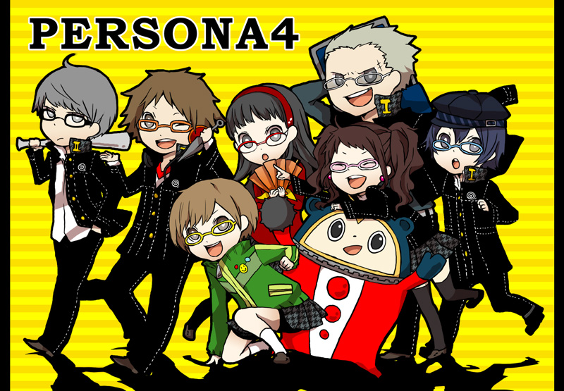 buzz (moi), amagi yukiko, hanamura yousuke, kujikawa rise, kuma (persona 4), narukami yu, satonaka chie, shirogane naoto, tatsumi kanji, atlus, persona, persona 4, bad id, bad pixiv id, 3boys, 4girls, baseball bat, closed eyes, glasses, hand fan, multiple boys, multiple girls, one eye closed, pantyhose, wink
