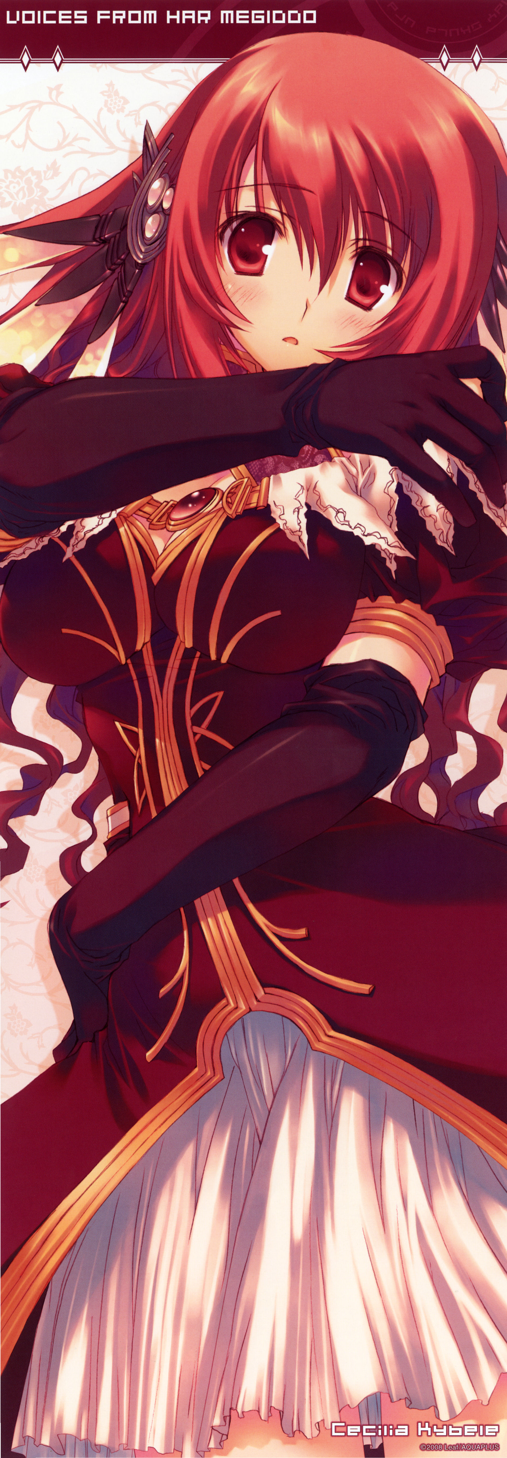 mitsumi misato, cecilia kybele, kimi ga yobu megiddo no oka de, absurdres, highres, long image, md5 mismatch, tall image, 1girl, blush, breasts, cleavage, dress, elbow gloves, female focus, gloves, hair ornament, large breasts, red eyes, red hair, solo, stick poster