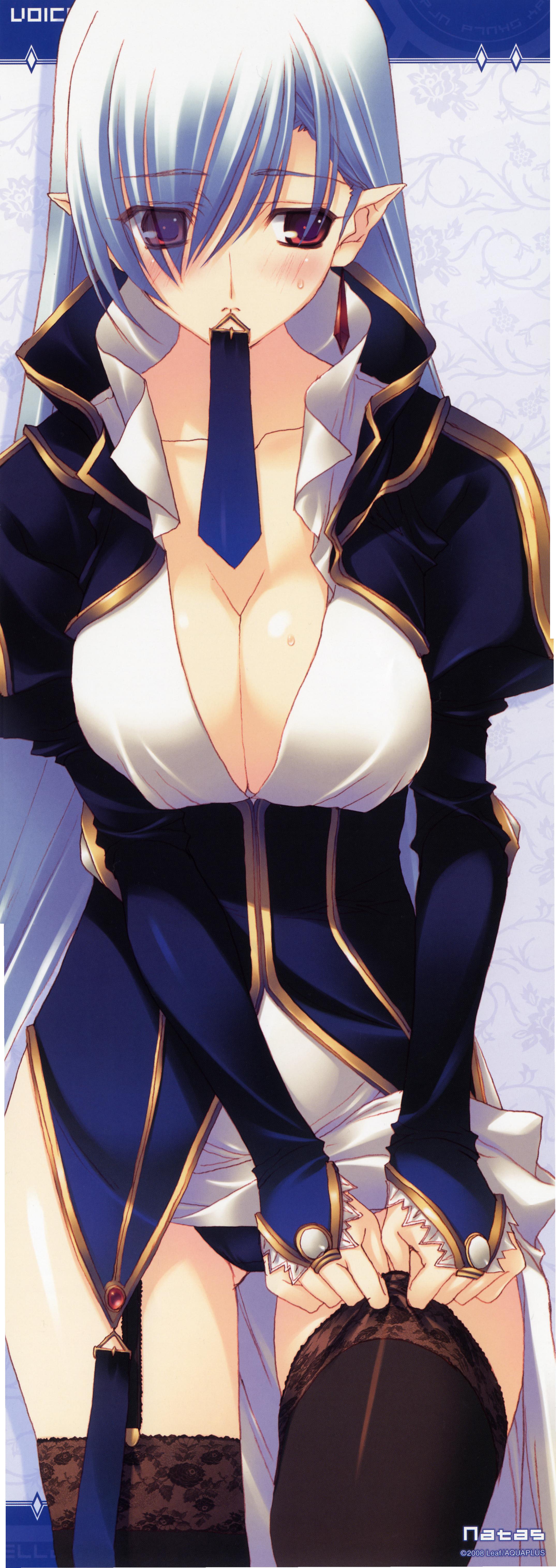 nakamura takeshi, natas, kimi ga yobu megiddo no oka de, absurdres, highres, long image, tall image, 1girl, blue hair, blush, breasts, cleavage, elf, female focus, garter belt, large breasts, long hair, mouth hold, pointy ears, purple eyes, solo, stick poster, thighhighs