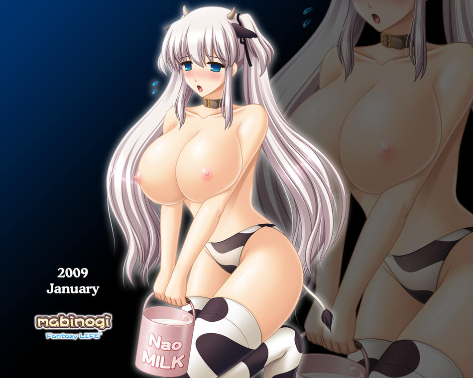 kafu (logaemon), nao (mabinogi), mabinogi, tagme, 00s, 1girl, 2009, animal ears, animal print, blush, breasts, choker, collar, cow ears, cow print, female focus, holding, horns, leg up, looking at viewer, milk, solo, tail, thighhighs, topless female, zoom layer